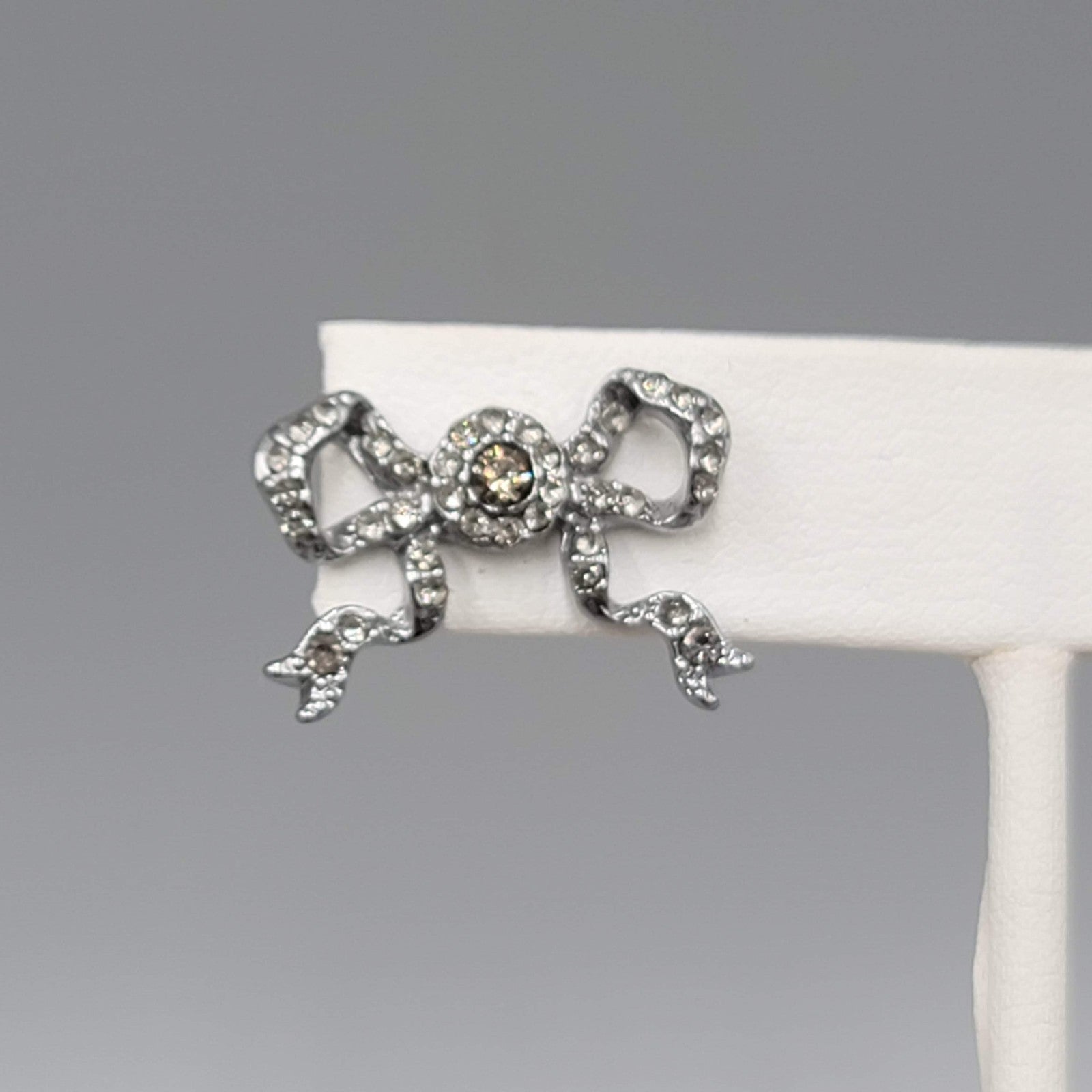 Rhinestone Bow Pierced Earrings Gunmetal Gray Drop 5/8 in