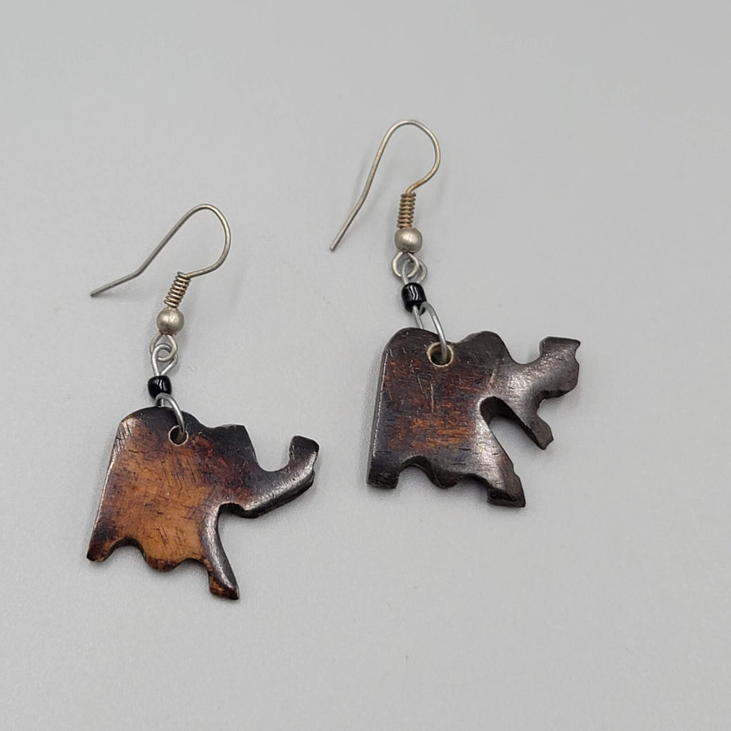 Vintage Elephant Pierced Earrings Hand Carved Wood Dangle Silver tone Hooks 1"