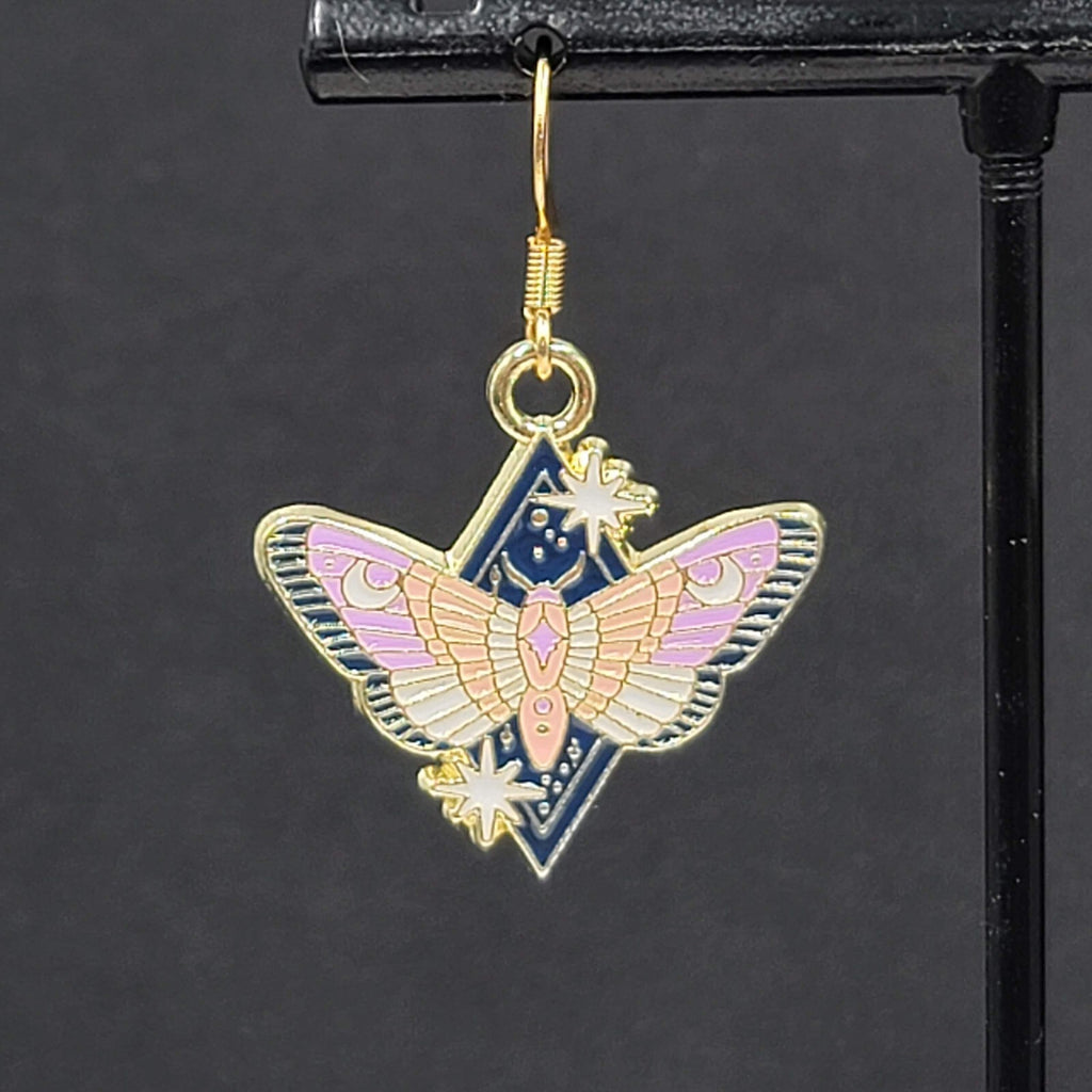 Purple Moon Moth Enamel Pierced Earrings Gold tone Dangle Butterfly 7/8"