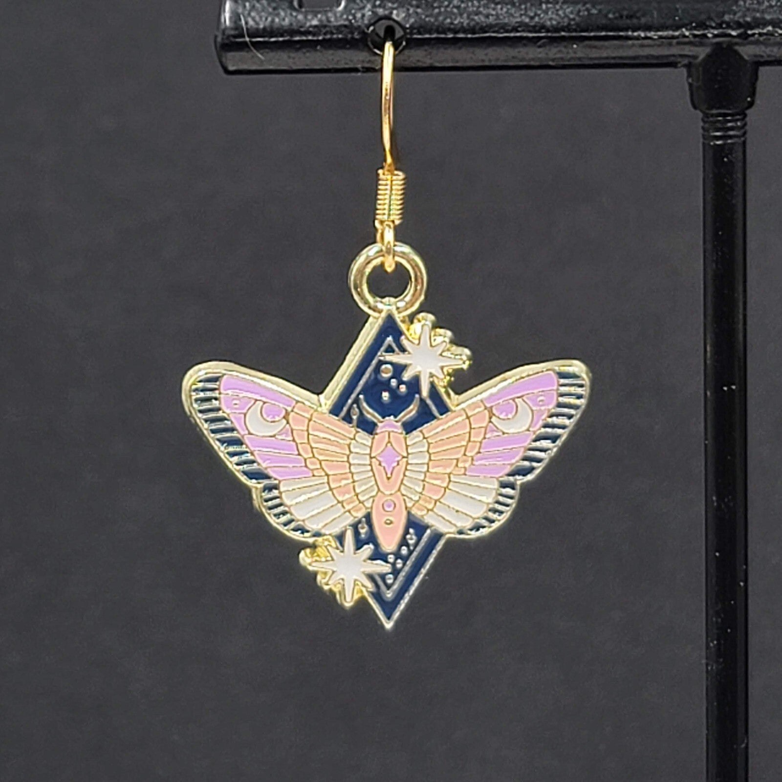 Purple Moon Moth Enamel Pierced Earrings Gold tone Dangle Butterfly 7/8"