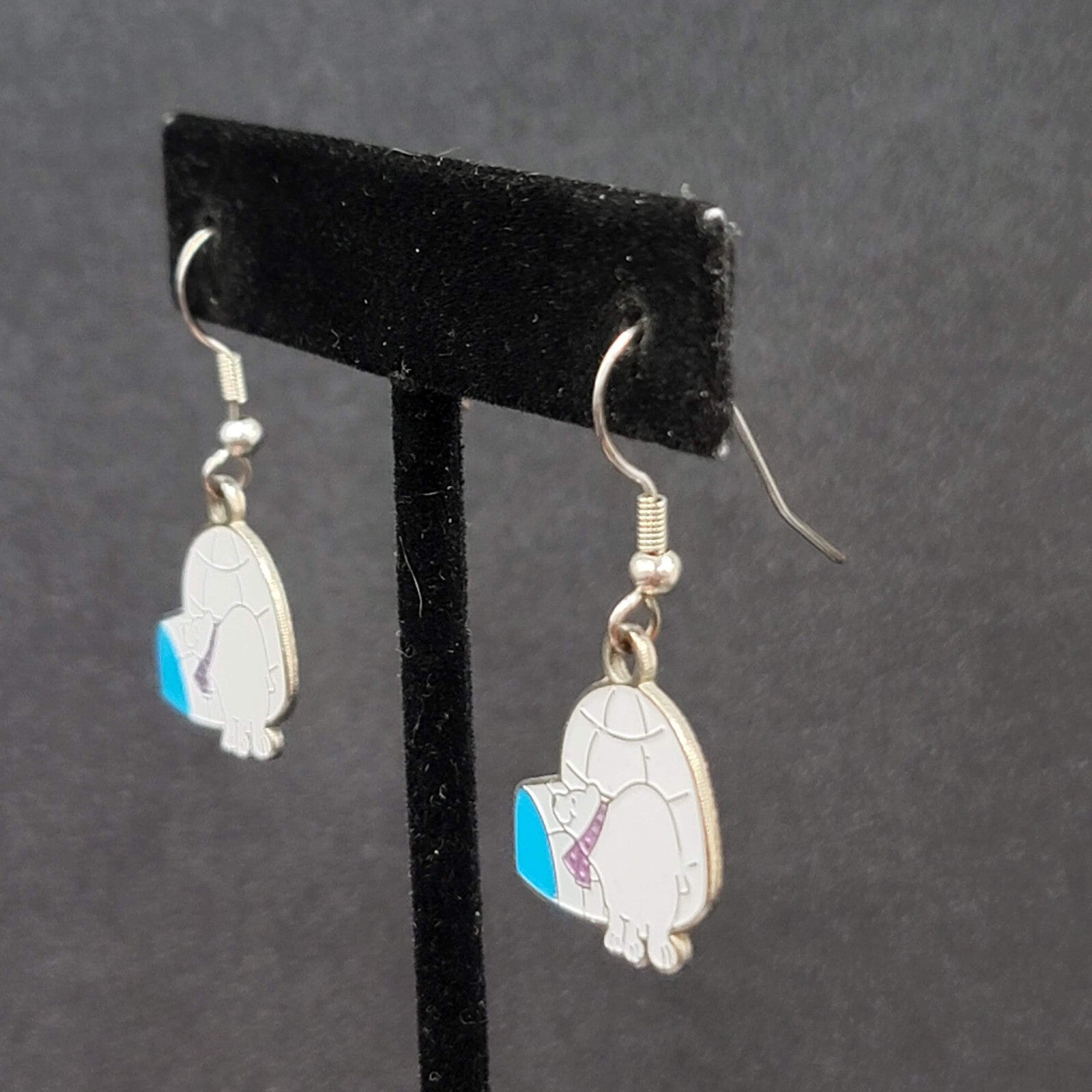 Vintage Pierced Earrings Igloo Polar Bear Dangle Enamel Silver tone Dangle 7/8"
