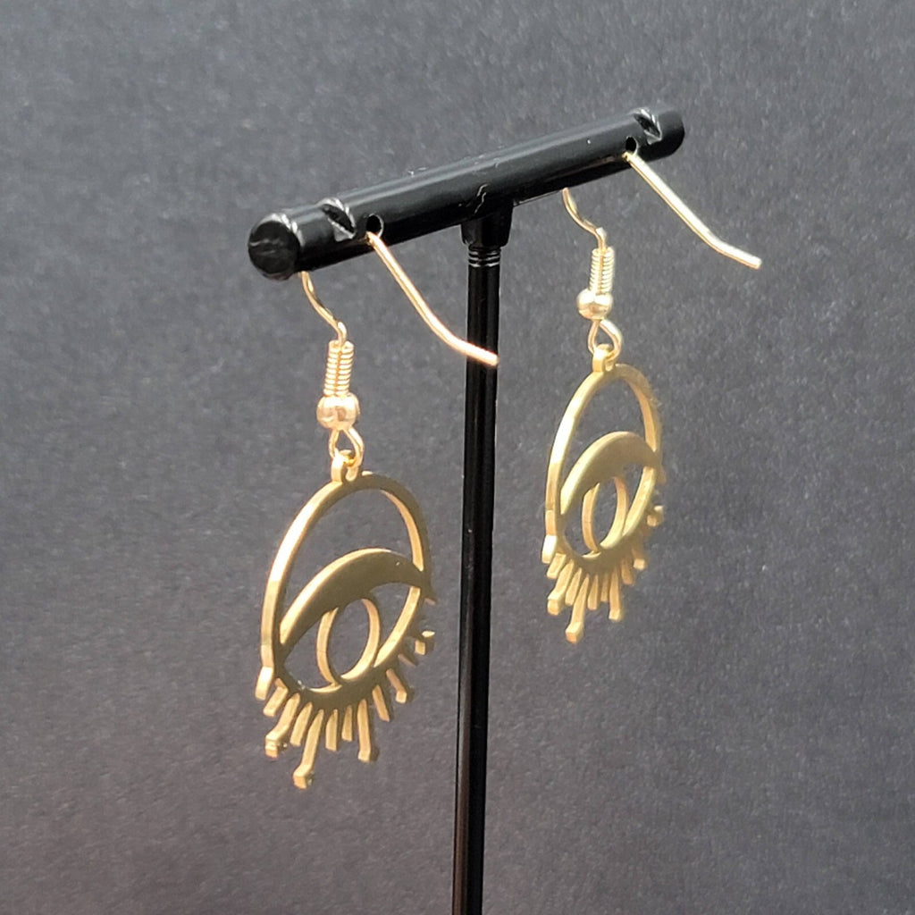 New Evil Eye Pierced Earrings Sun Rays Gold Plated Statement Dangle 1"