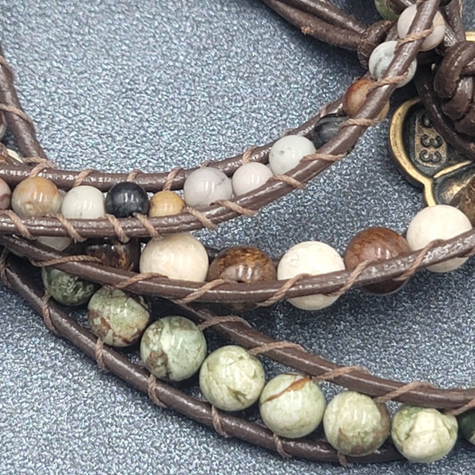 Lot of 3 Bracelets Stone Beads Flower Peace Sign Cord Bronze tone Clasp