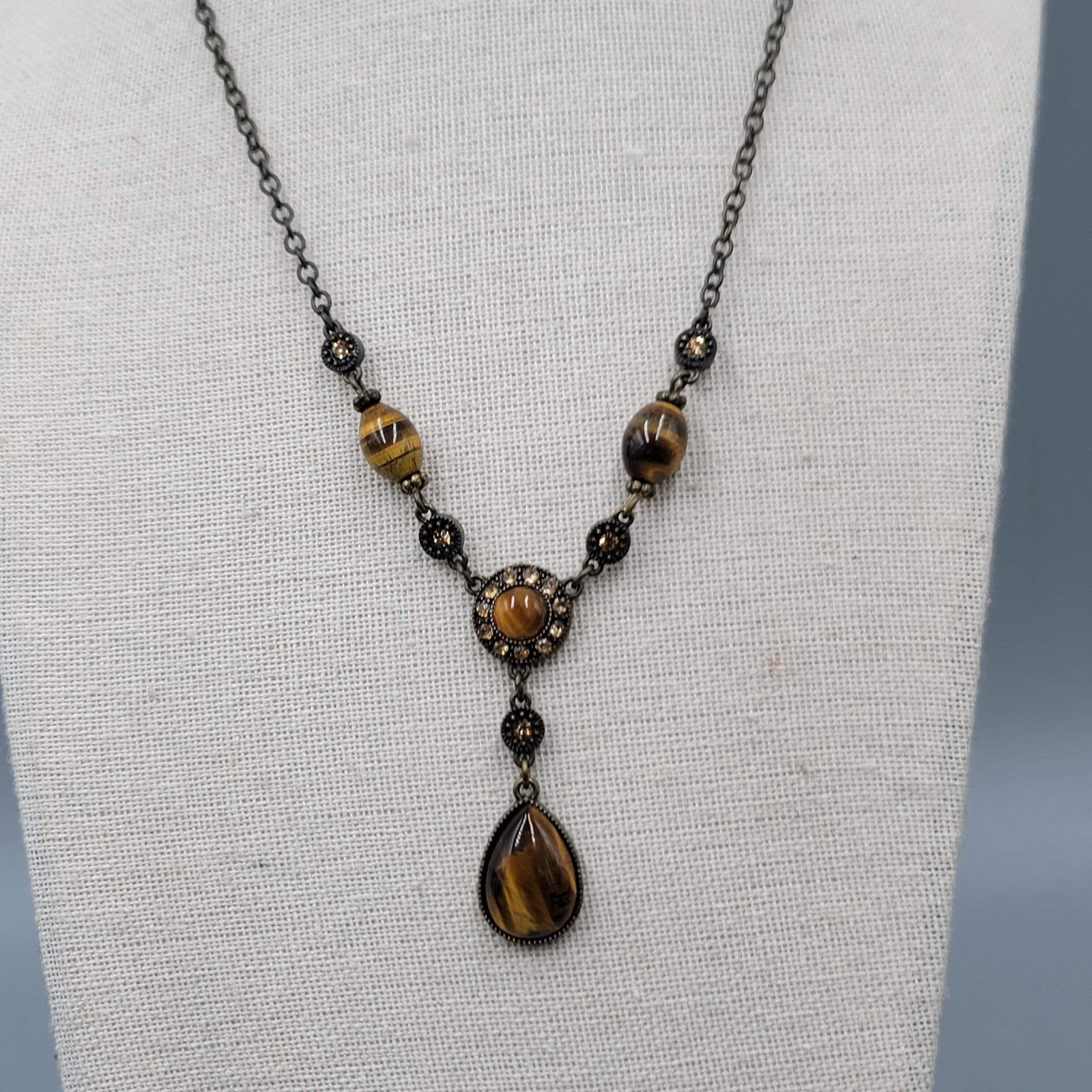 Tigers Eye Y Drop Necklace Bronze Tone Chain Pendant Crystal Accent 18"