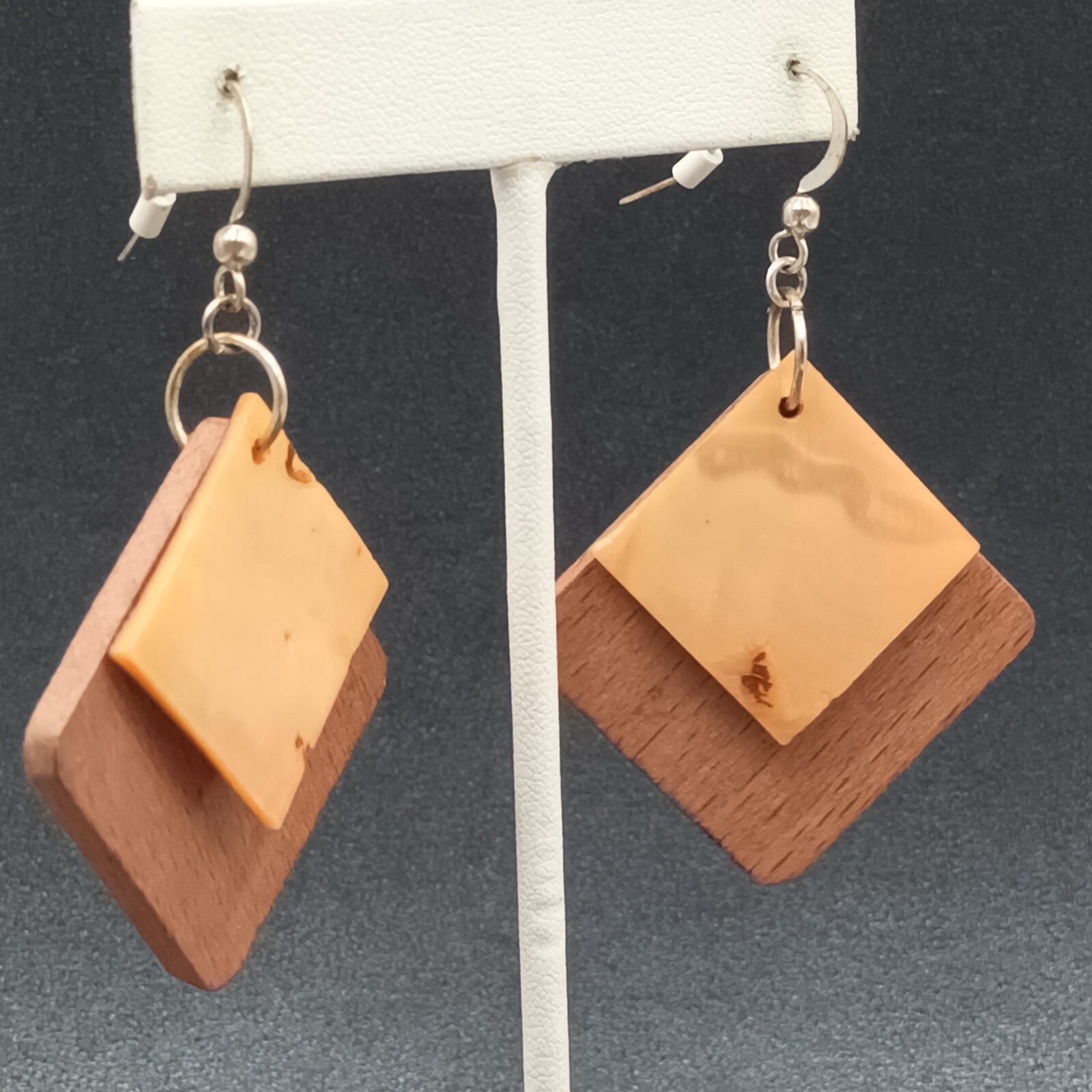 Pierced Earrings Wood Shell Square Geometric Silver tone Hook Dangle 1 3/4"