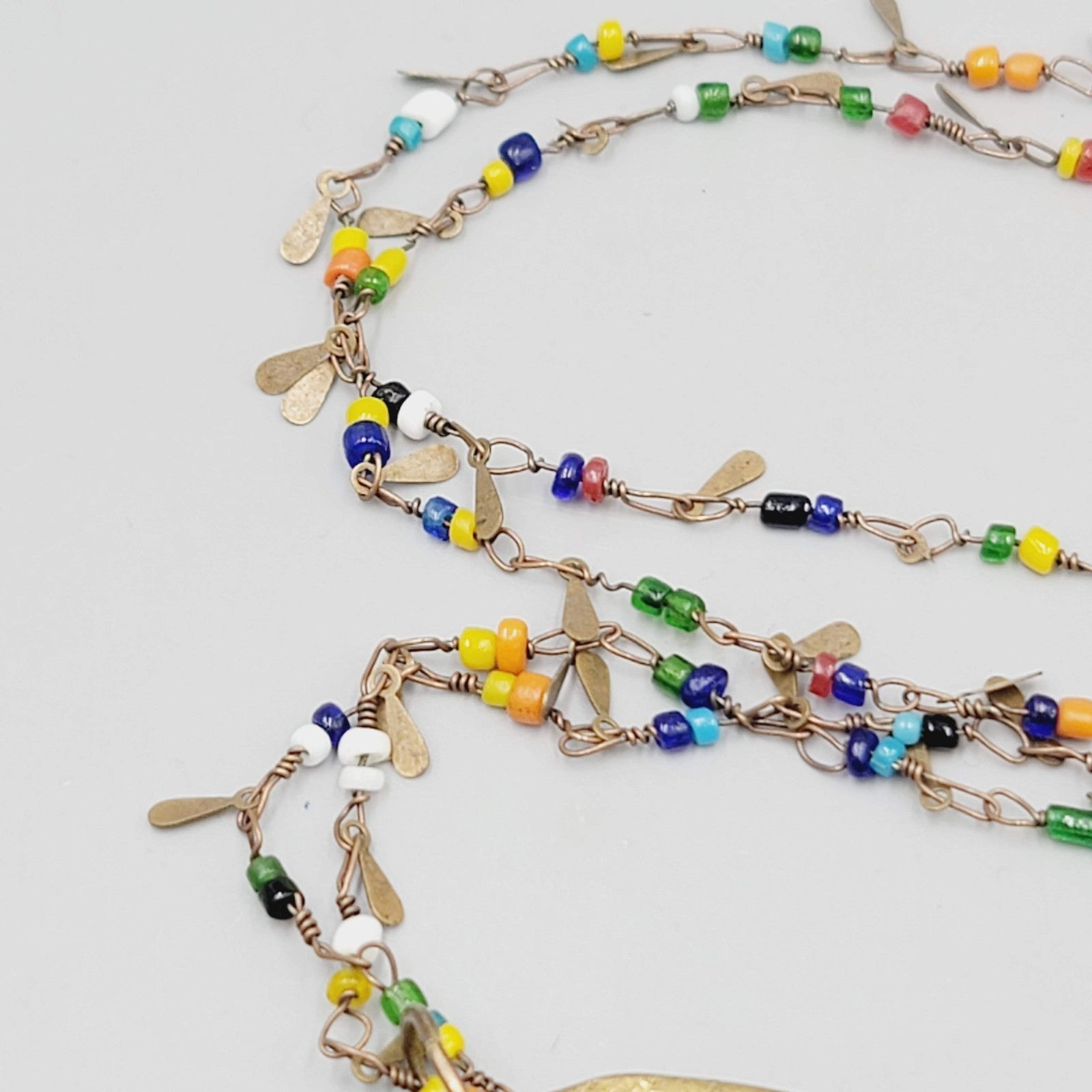 Artisan Multicolor Seed Beads Large Brass Pendant Necklace Long 42 in