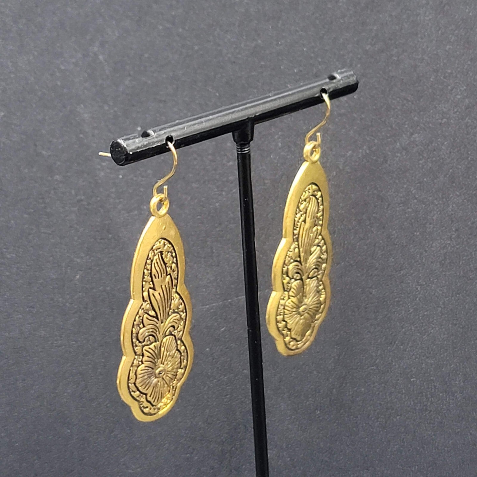 Pierced Earrings Gold Plated Black Embossed Flowers Dangle 1.75"