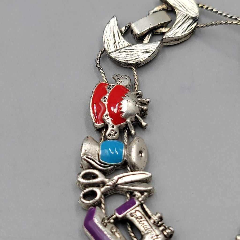 Slide Charm Bracelet Sewing Theme Silver tone Enamel 
