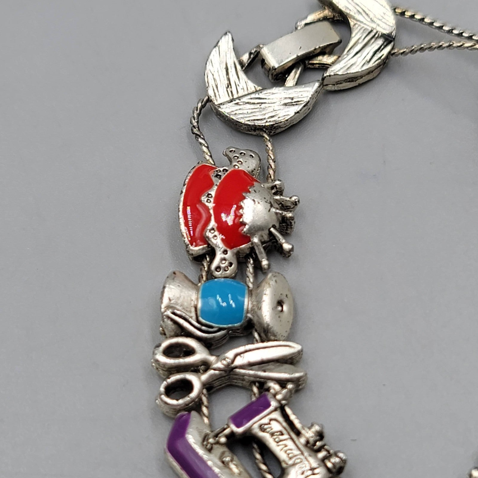Slide Charm Bracelet Sewing Theme Silver tone Enamel 