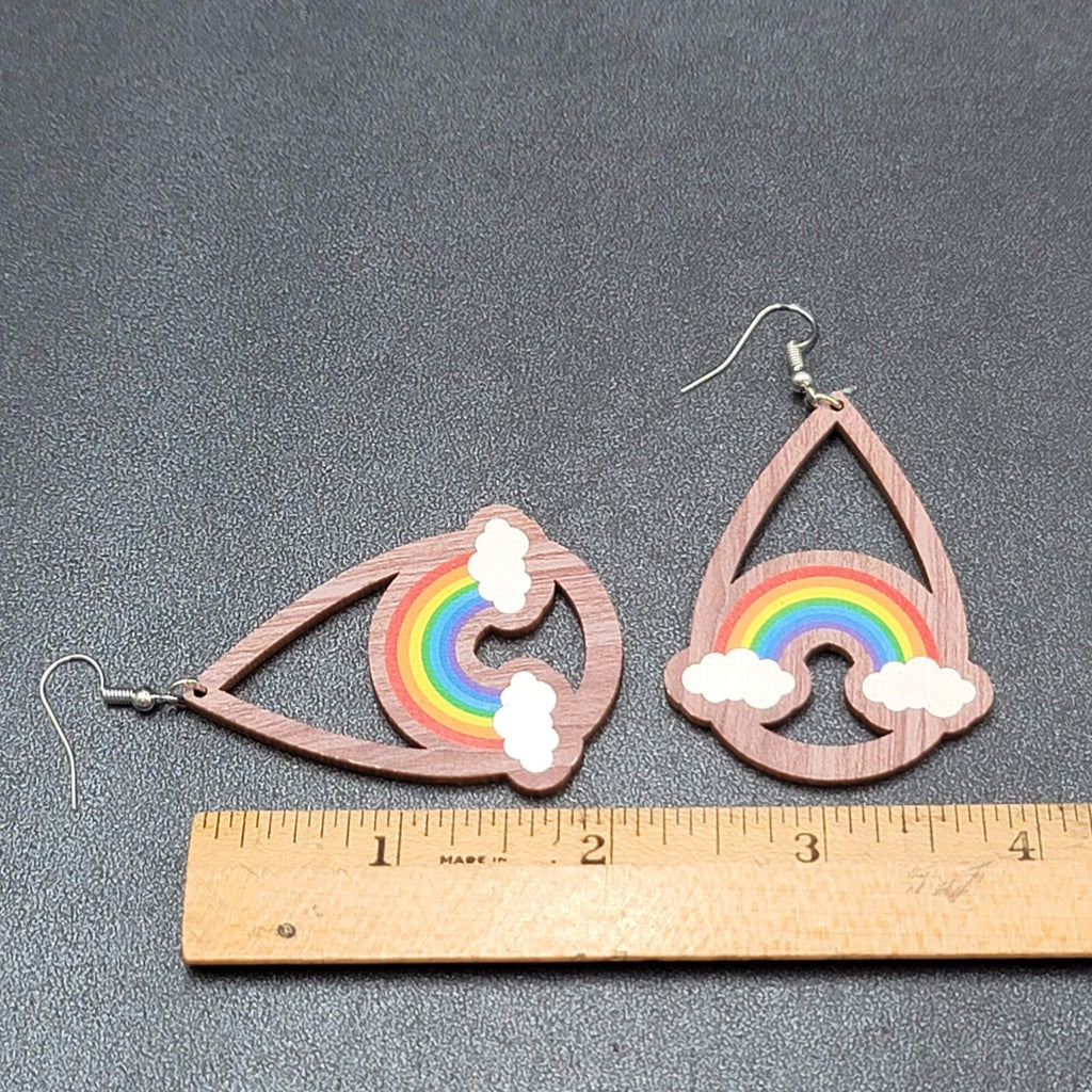 New Rainbow Pierced Earrings Pride Wood Teardrop Dangle 2.25"
