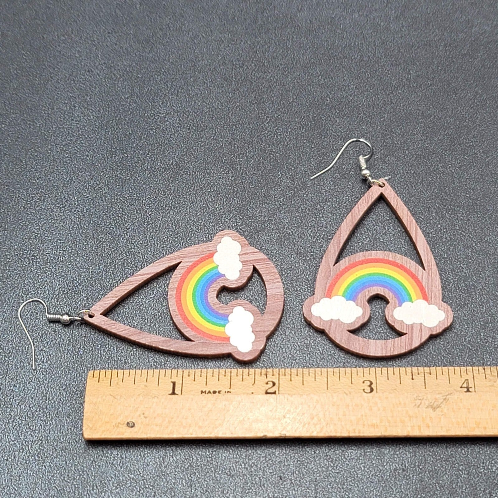 New Rainbow Pierced Earrings Pride Wood Teardrop Dangle 2.25"
