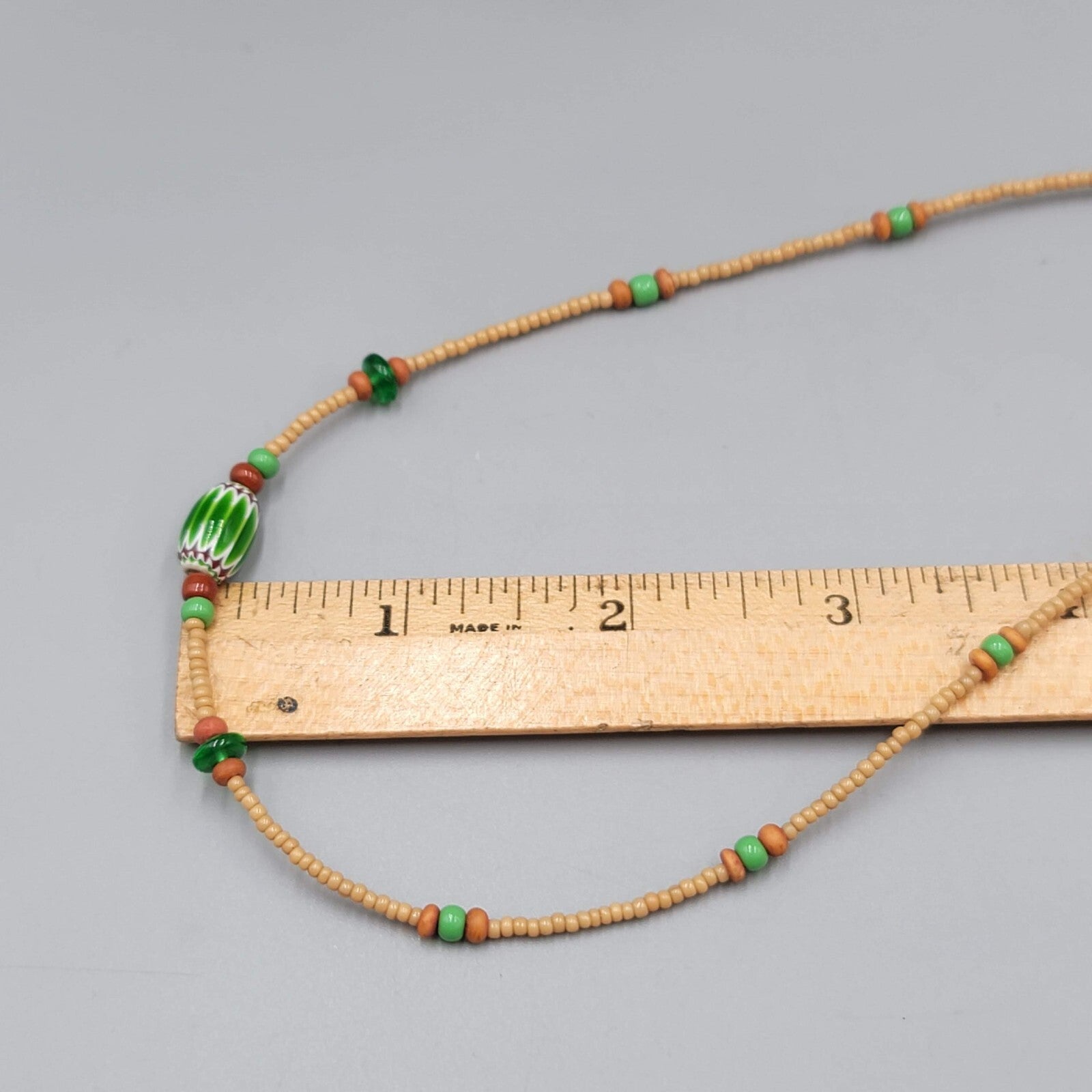 Art Glass Bead Necklace Tan Seed Bead Minimalist 16"