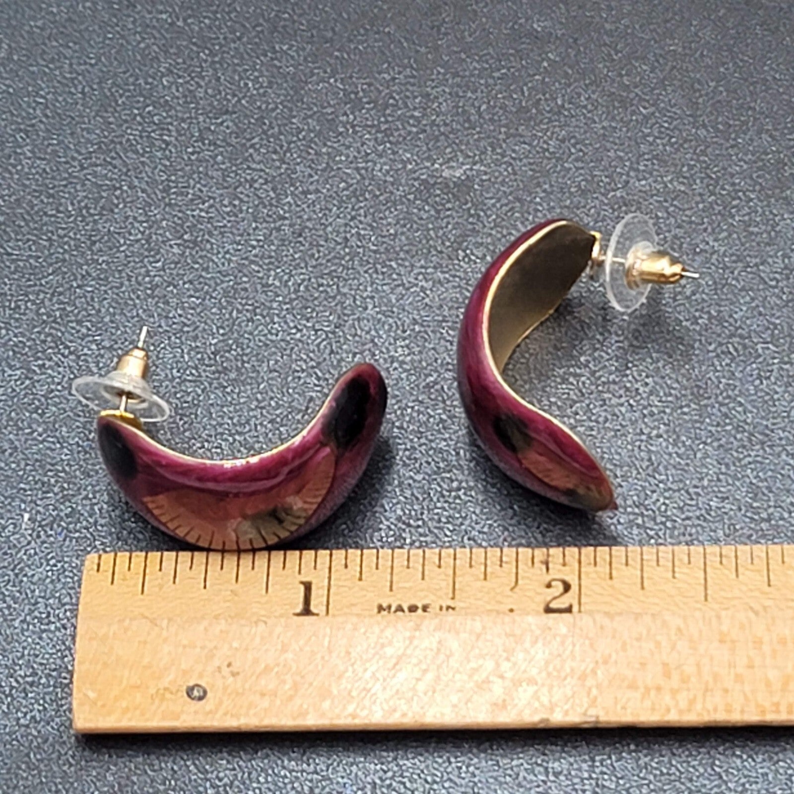 Vintage Pierced Earrings Polka Dot Purple Enamel Wide Hoops Dangle 1.25"