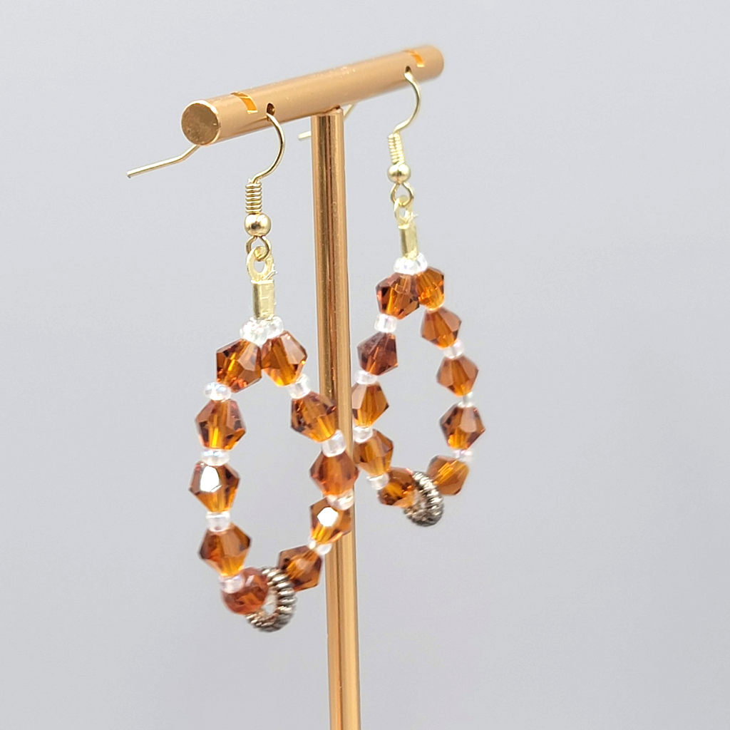 Brown Crystal Bead Pierced Earrings Gold tone Dangle 1.75"
