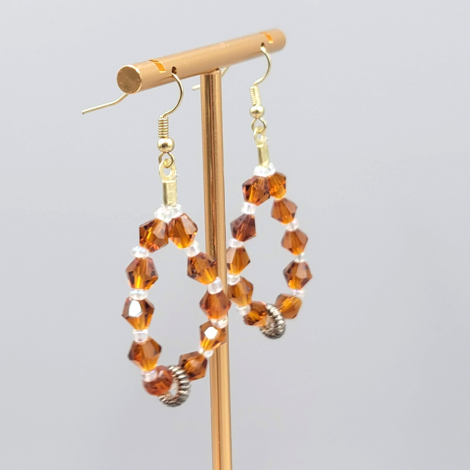 Brown Crystal Bead Pierced Earrings Gold tone Dangle 1.75"