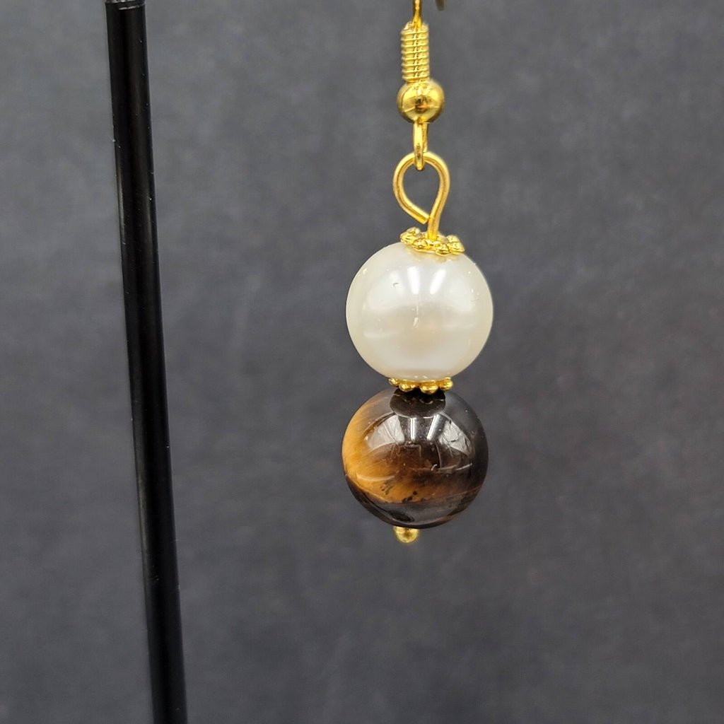 Pierced Earrings Tigers Eye Stone Faux Pearl Bead Dangle 1 1/8"