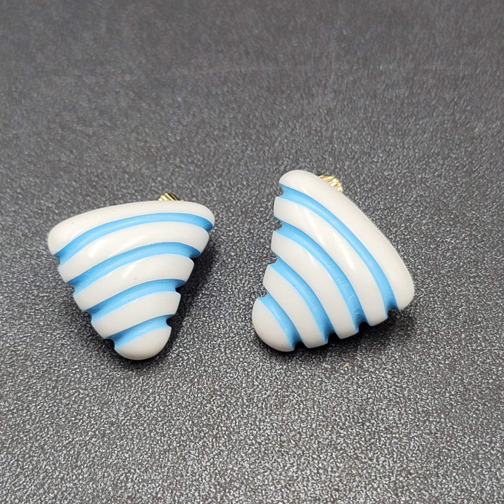 Vintage Clip on Earrings White Blue Stripes Acrylic Triangle 7/8"