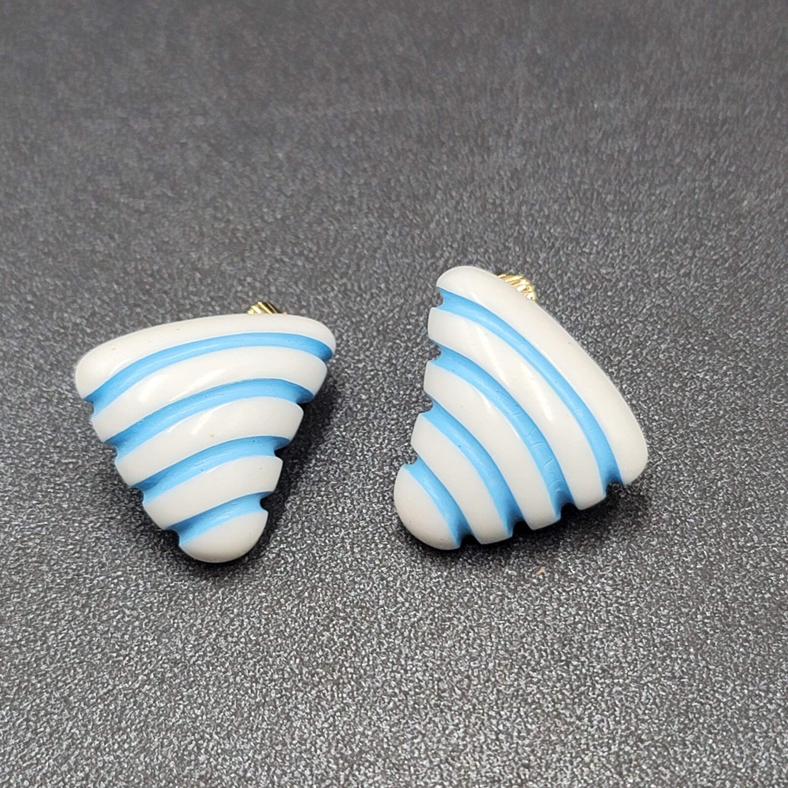 Vintage Clip on Earrings White Blue Stripes Acrylic Triangle 7/8"