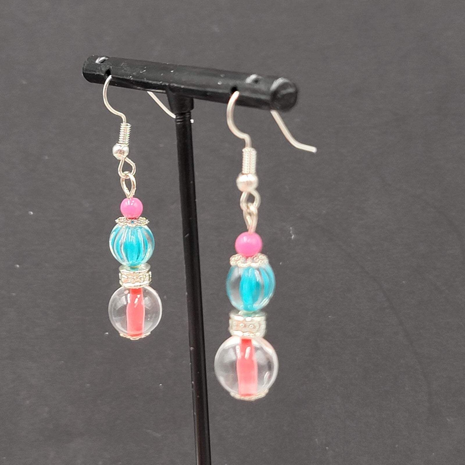 Pink Blue Glass Bead Pierced Earrings Silver tone Dangle 1.25"
