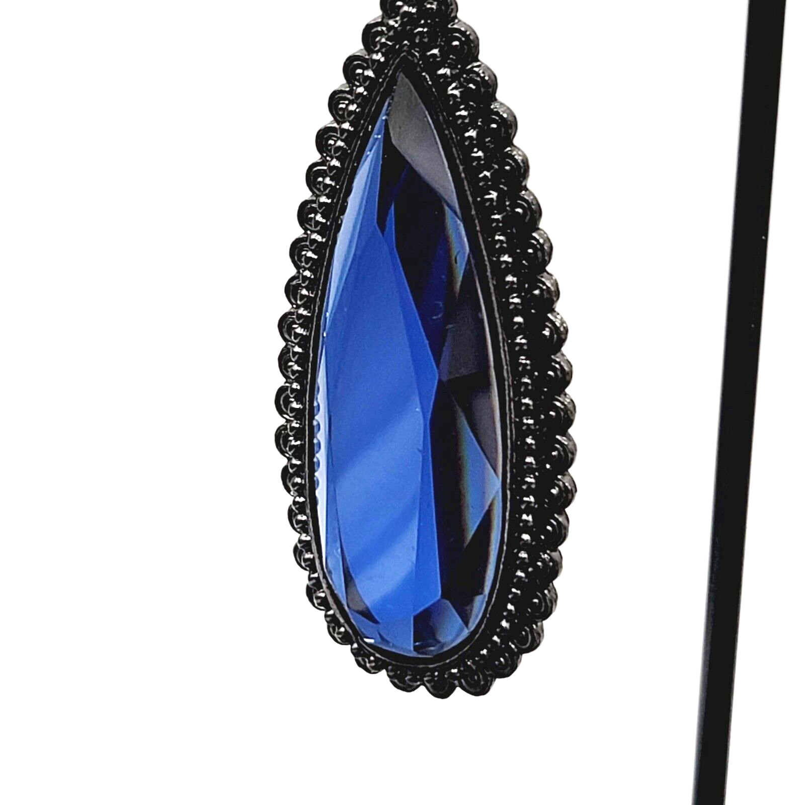 Pierced Earrings Black Metal Large Blue Glass Faceted Teardrop Gothic 2 1/8"