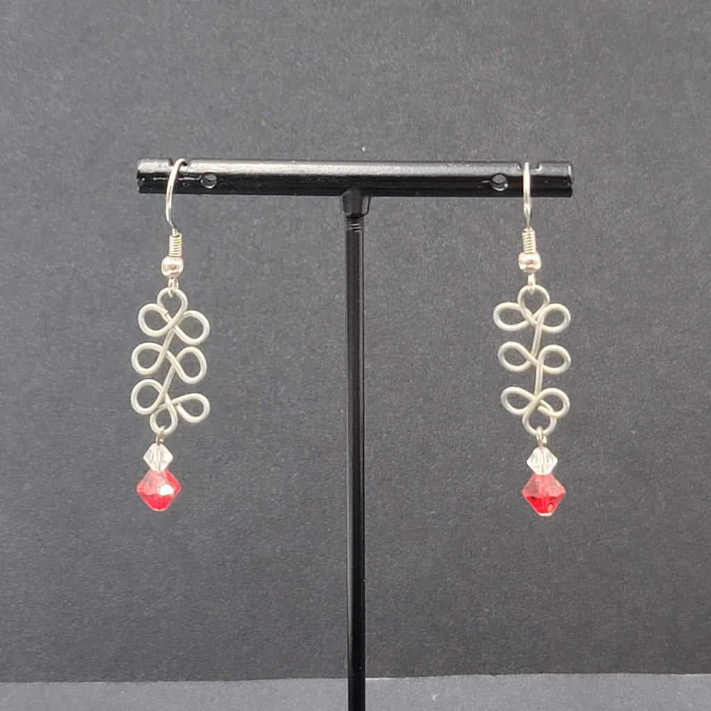 Pierced Earrings Silver tone Wire Red Crystal Bead 1.25"