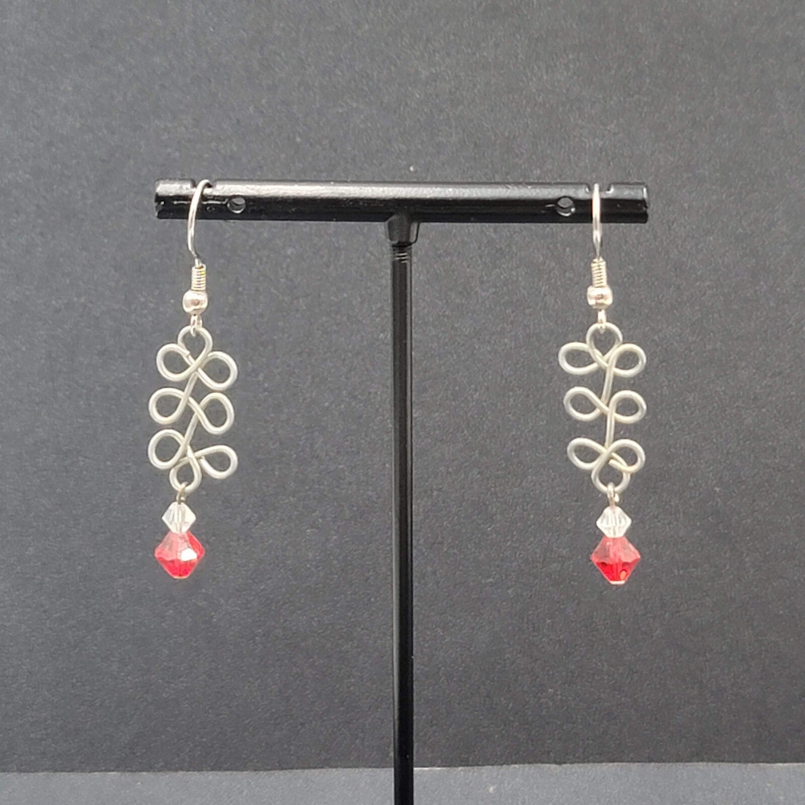 Pierced Earrings Silver tone Wire Red Crystal Bead 1.25"