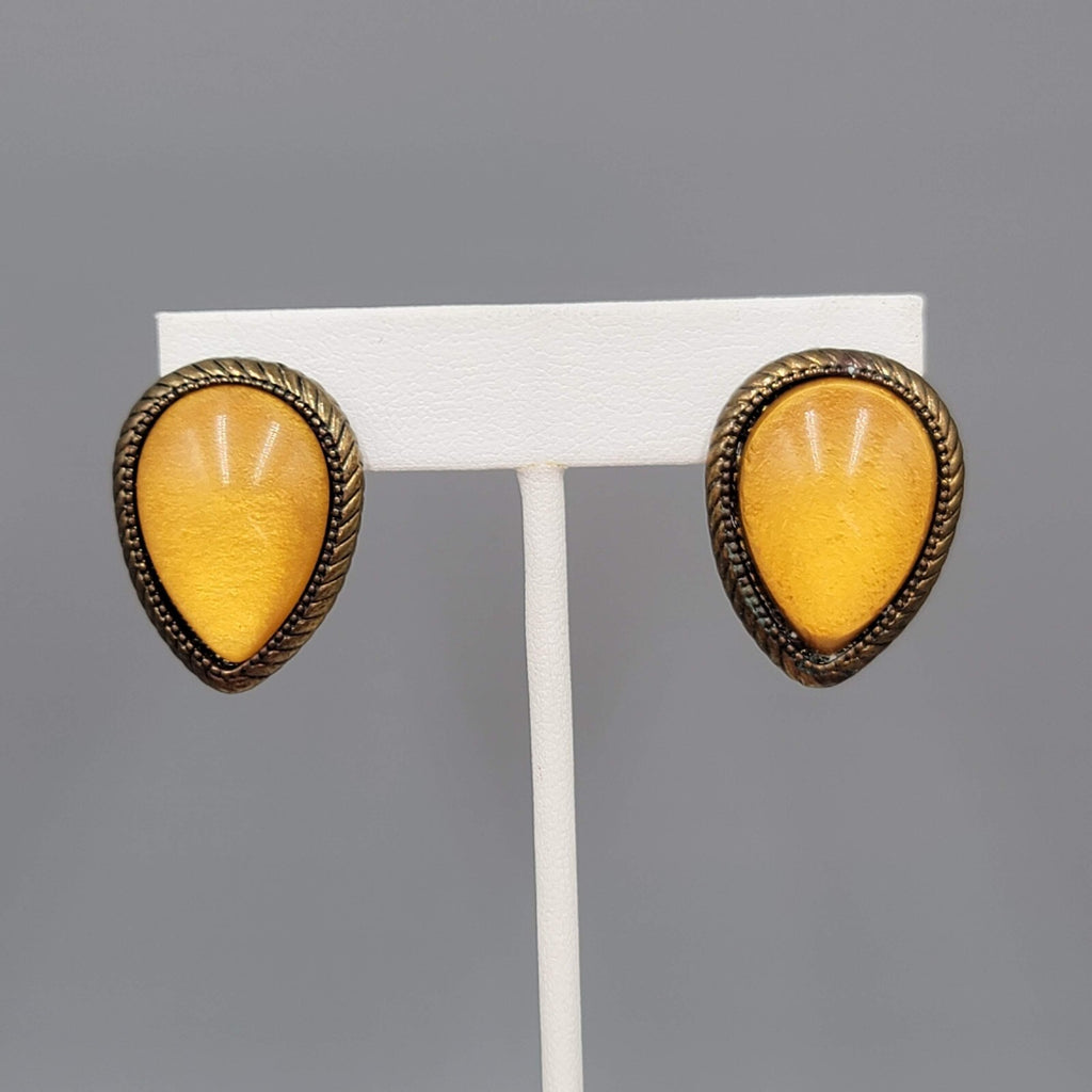 Reverse Teardrop Pierced Earrings Bronze tone Yellow Dome Drop 1"