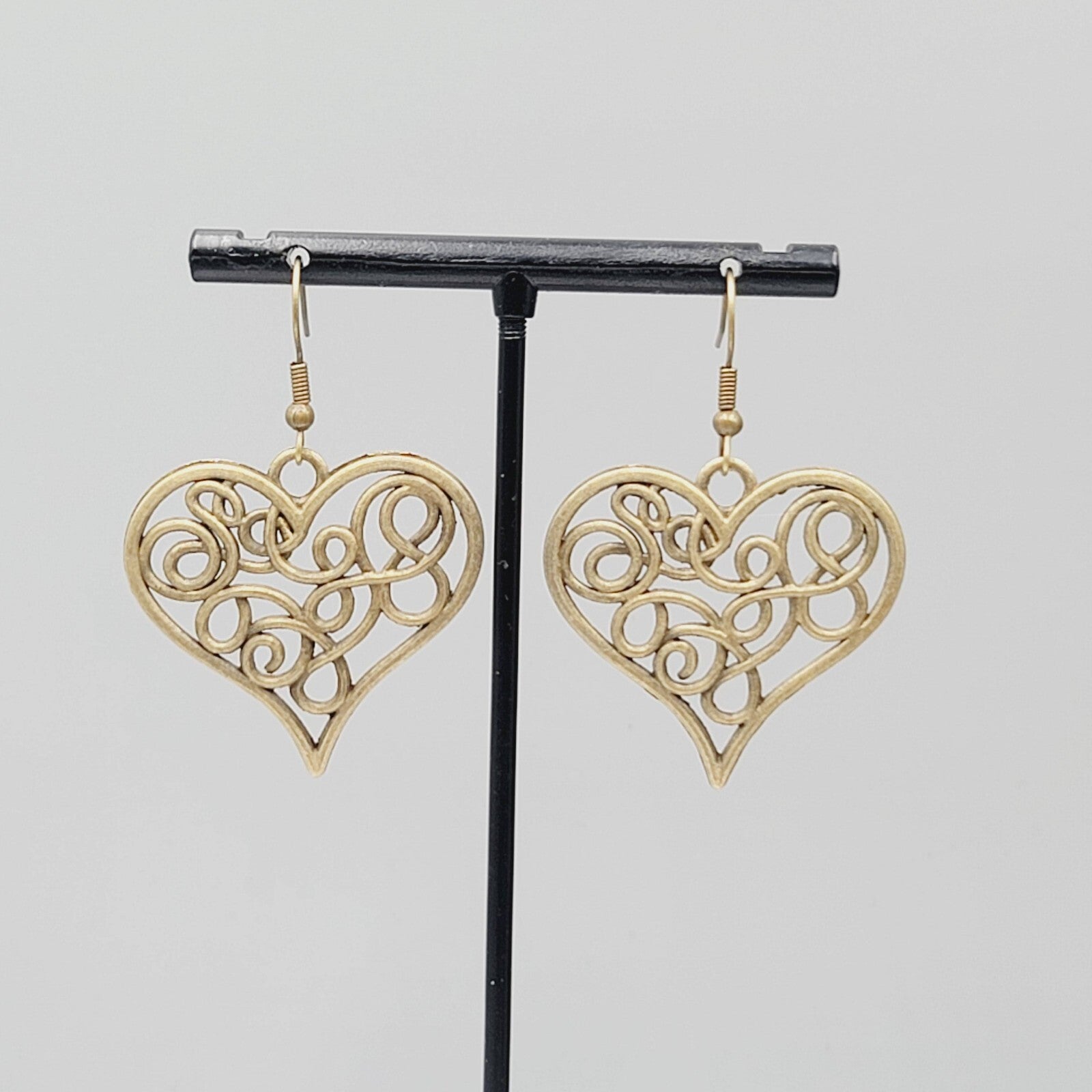 Heart Pierced Earrings Filigree Bronze tone Dangle New 1.25"