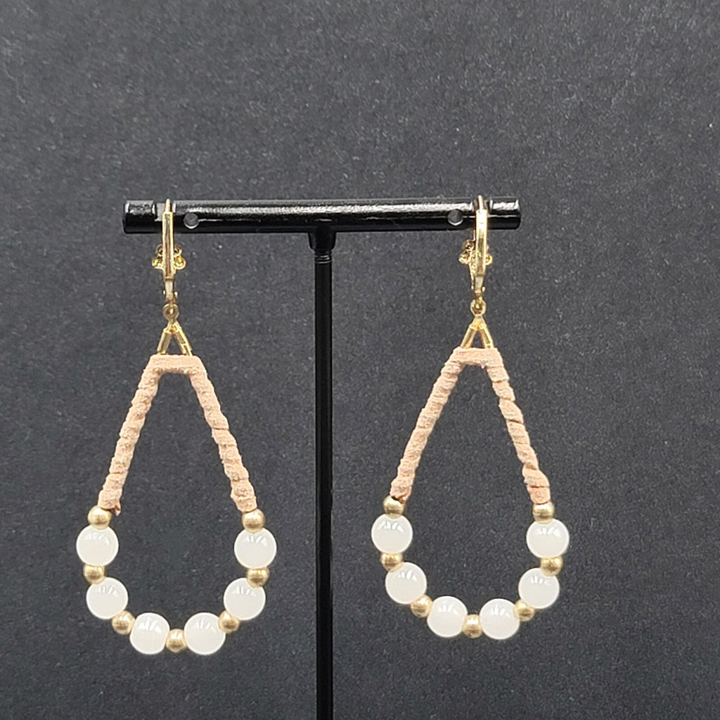 Pierced Earrings Gold tone Leather Wrapped Beaded Teardrop Dangle 2.25"