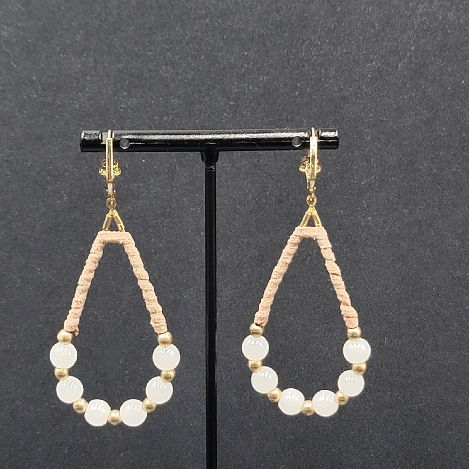 Pierced Earrings Gold tone Leather Wrapped Beaded Teardrop Dangle 2.25"