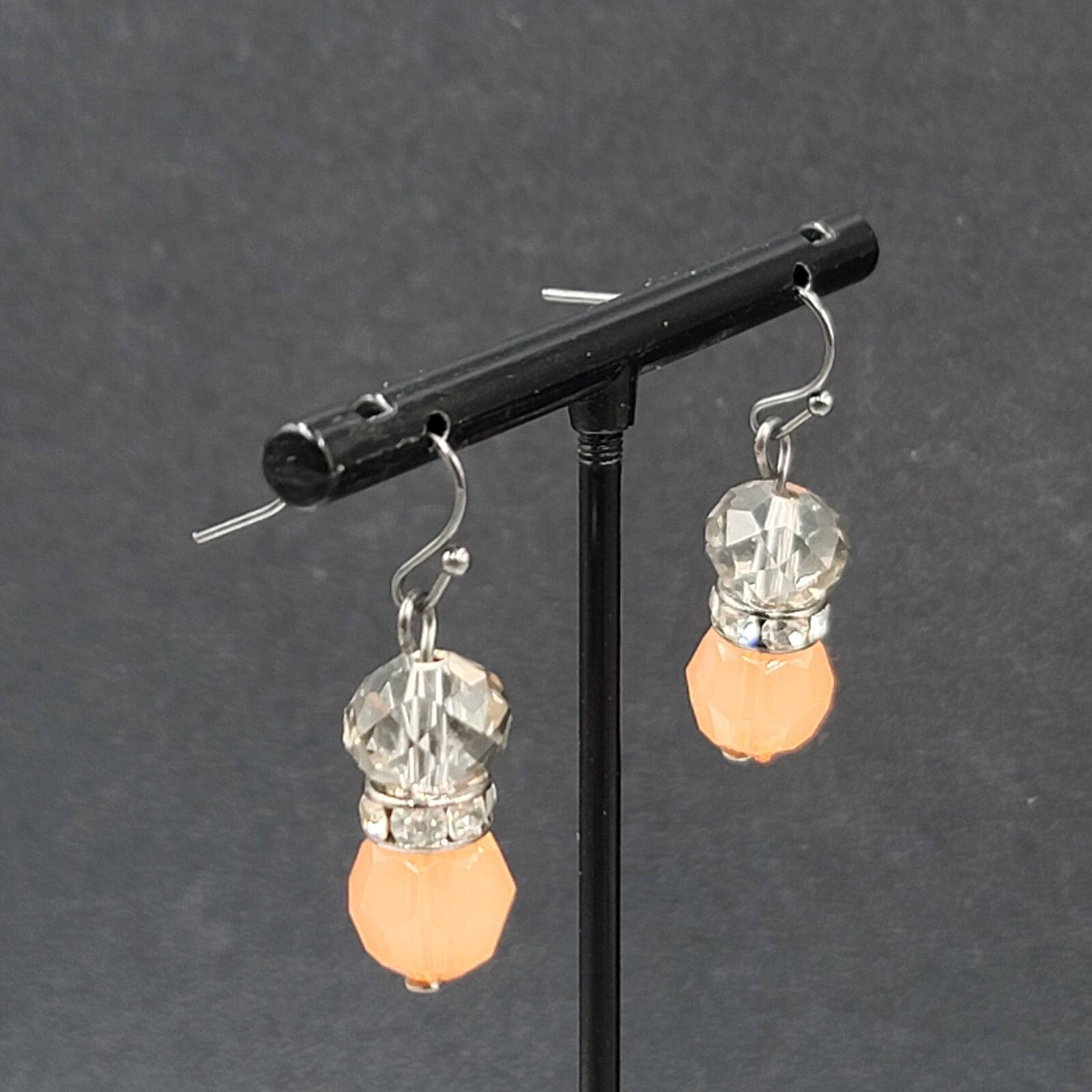 Pierced Earrings Black Metal Peach Clear Crystal Faceted Beads Dangle 1"
