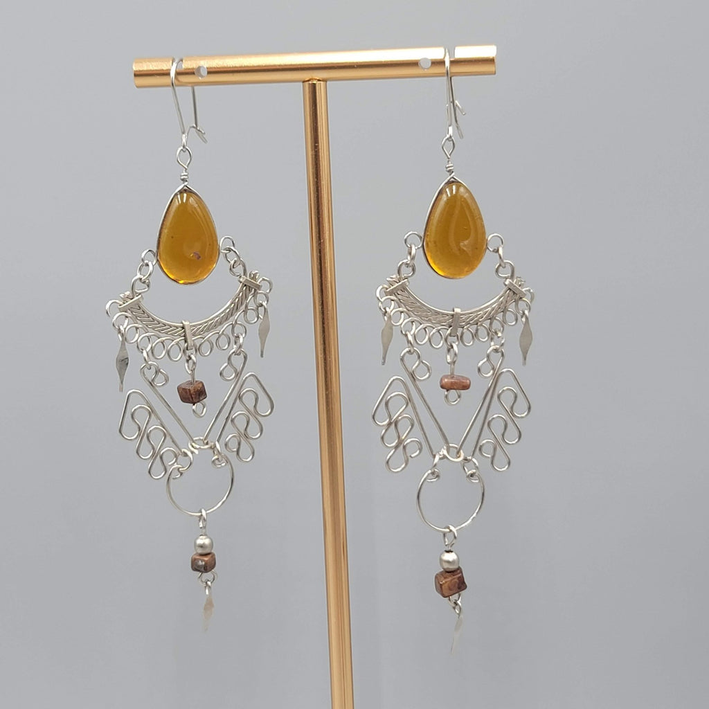 Bohemian Chandelier Brown Glass Pierced Earrings Silver tone Dangle 3.25"