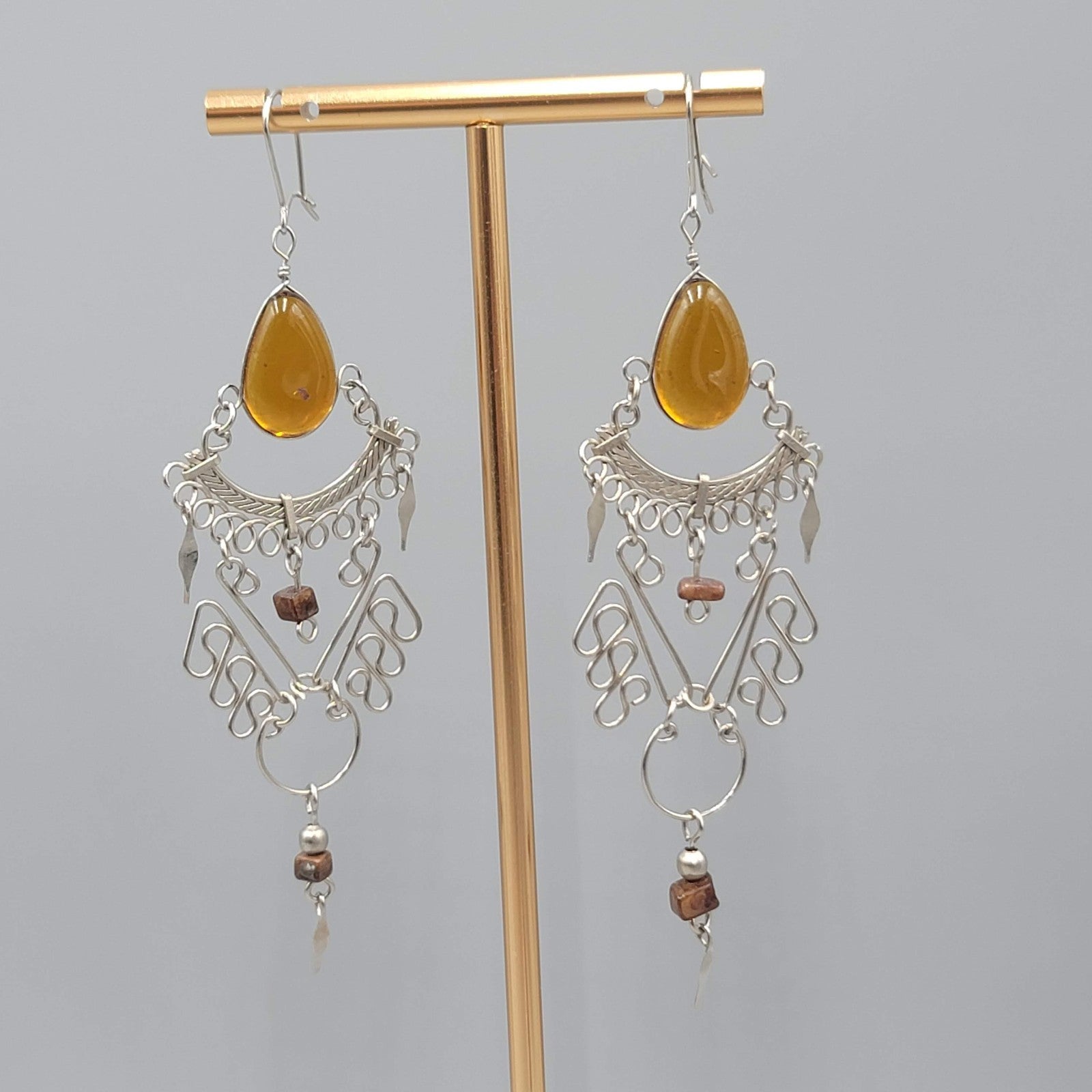 Bohemian Chandelier Brown Glass Pierced Earrings Silver tone Dangle 3.25"