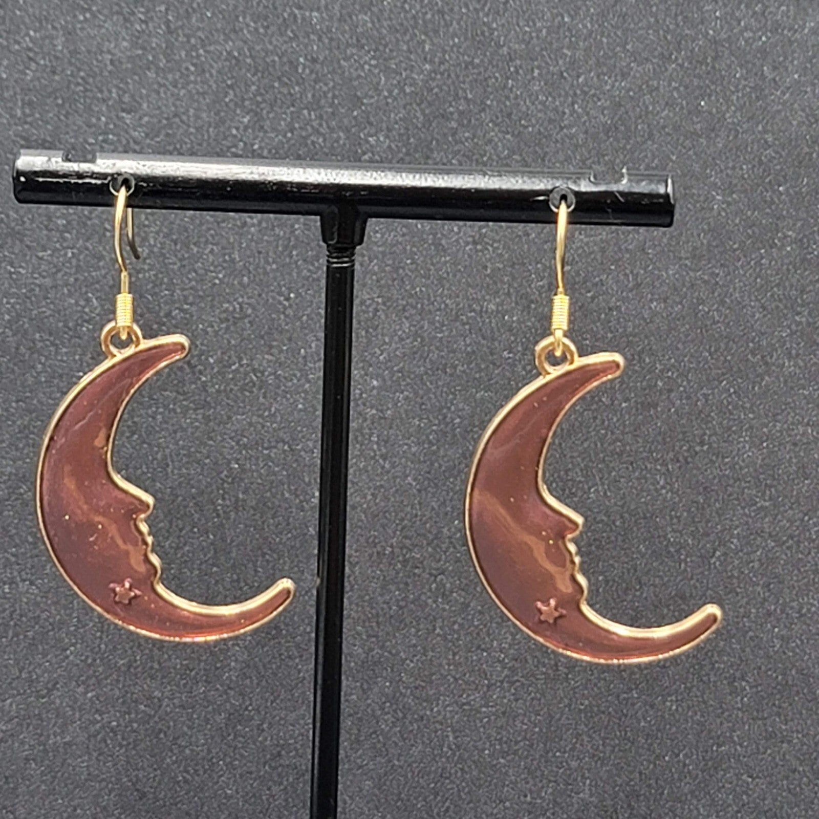 New Moon Pierced Earrings Gold tone Purple Enamel Dangle 1.25"