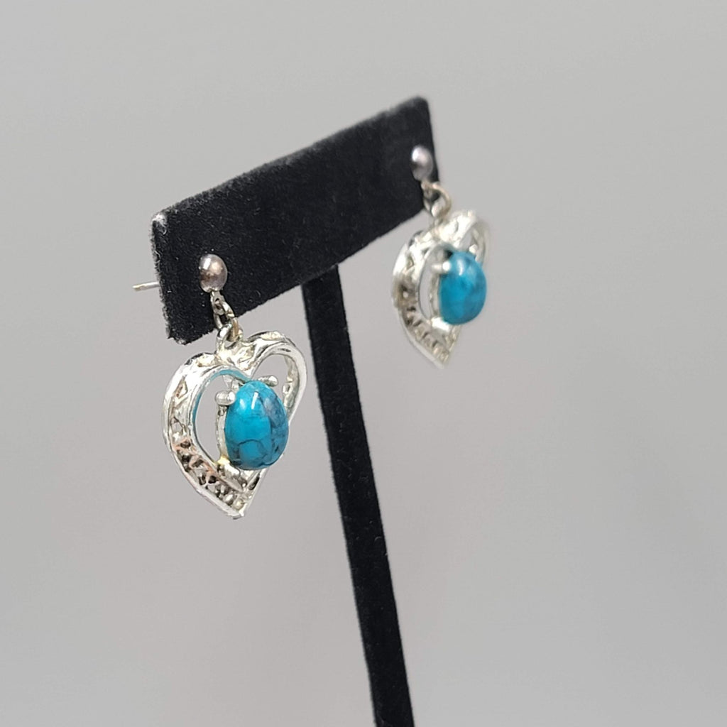 Vintage Heart Faux Turquoise Pierced Earrings Silver tone Dangle  3/4"