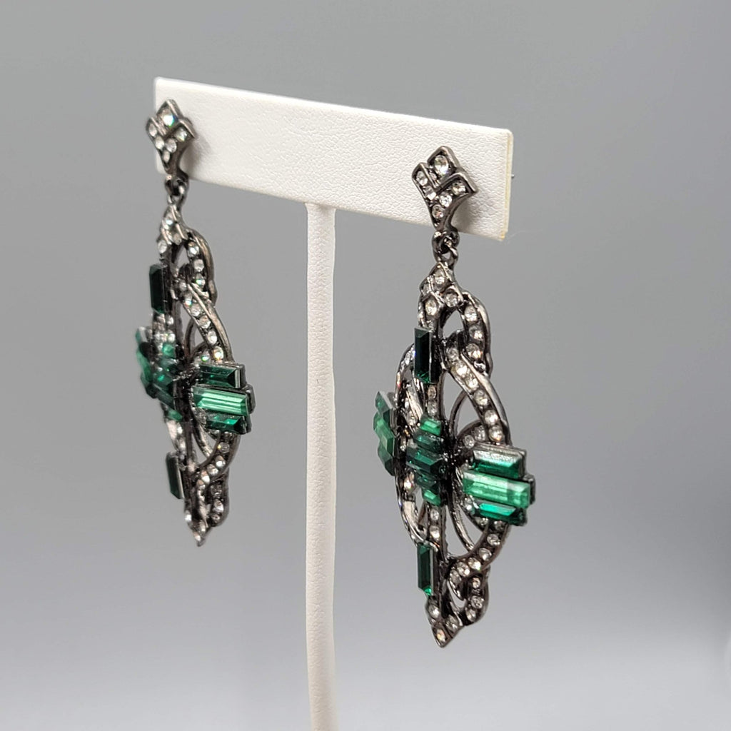 Large Statement Pierced Earrings Black Metal Green Rhinestone Dangle 2.75 in