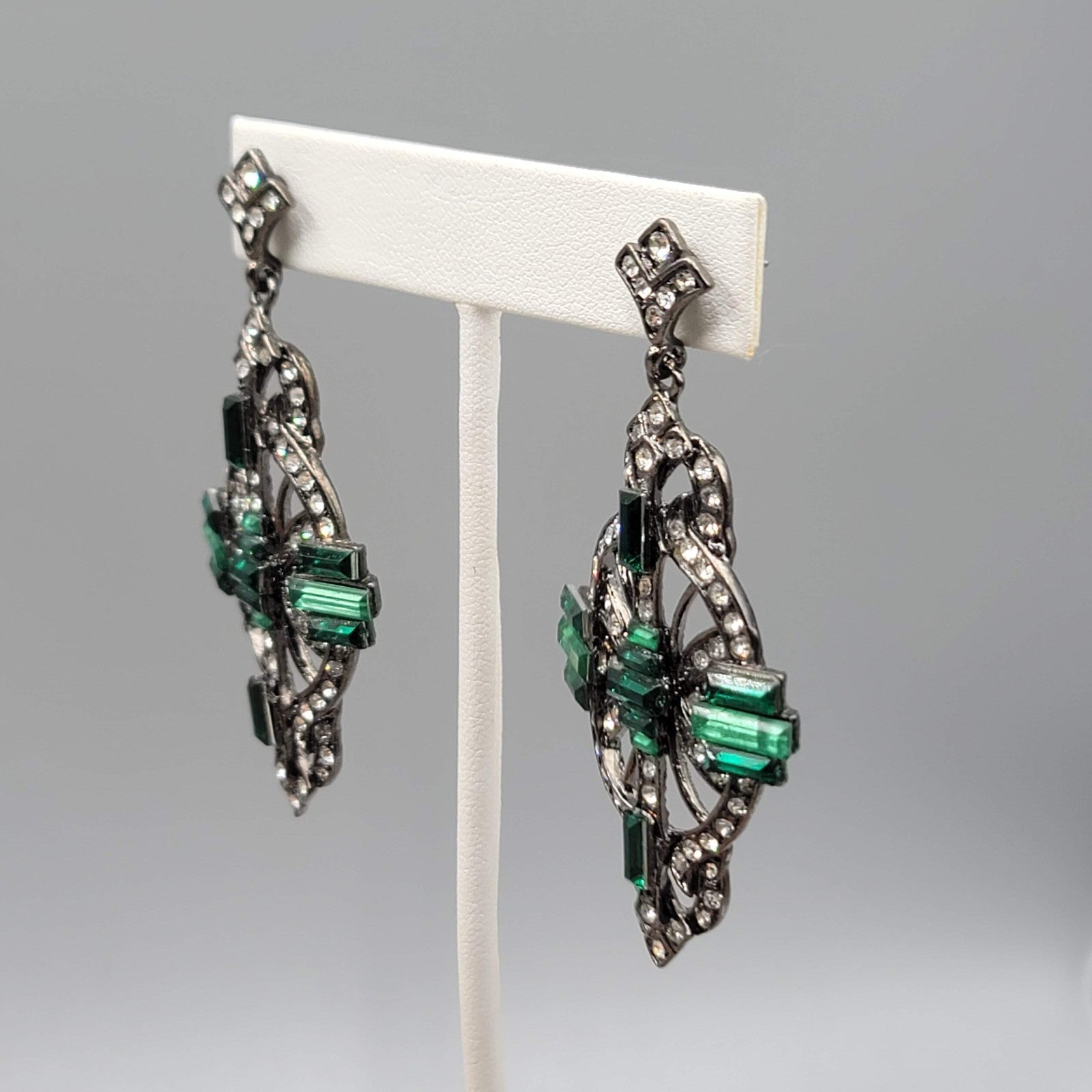 Large Statement Pierced Earrings Black Metal Green Rhinestone Dangle 2.75 in