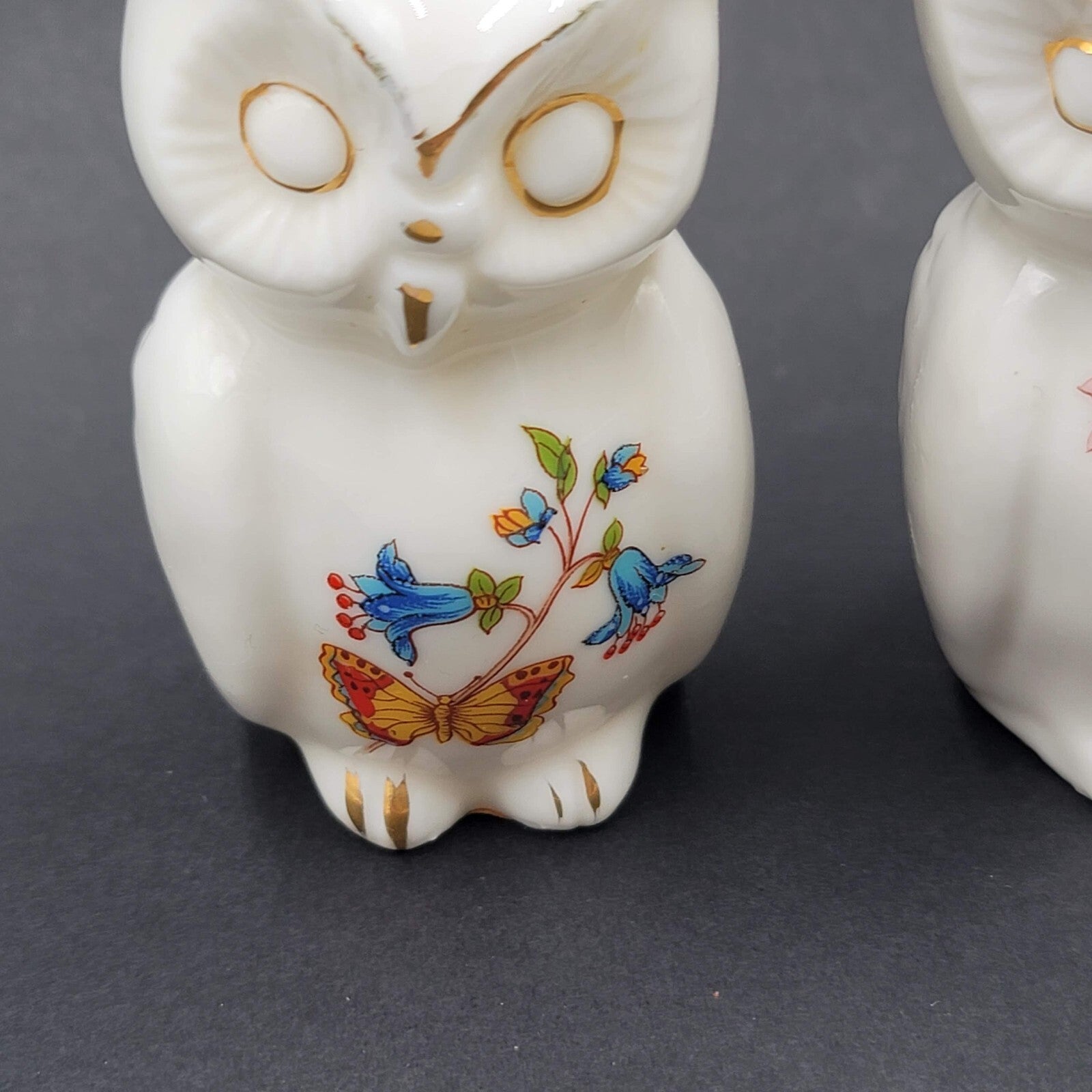 Vintage Bone China SALT and PEPPER Shakers Owls Flowers Butterfly 3.25 in