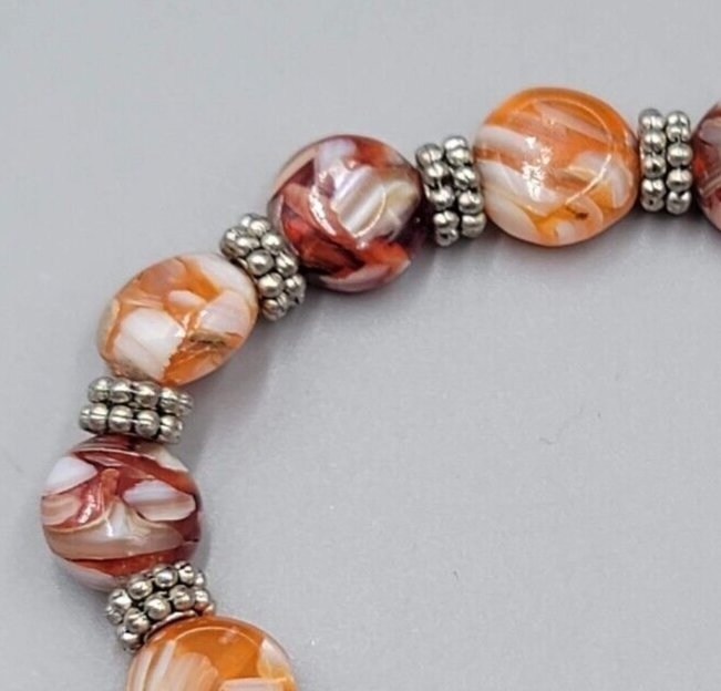 Glass Bead Stretch Bracelet Red White Orange White Silver tone 7"