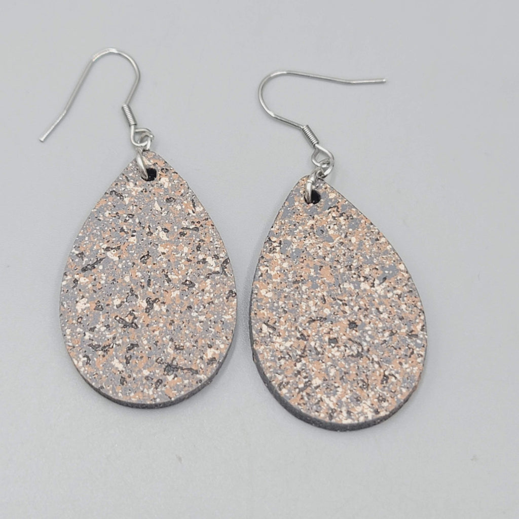 Speckle Teardrop Pierced Earrings Gray Brown Black Dangle 1.5"