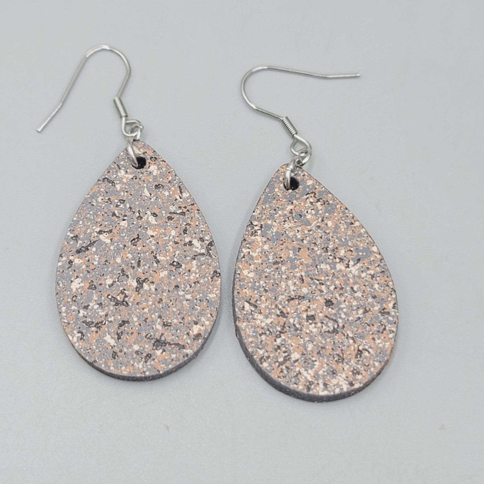 Speckle Teardrop Pierced Earrings Gray Brown Black Dangle 1.5"