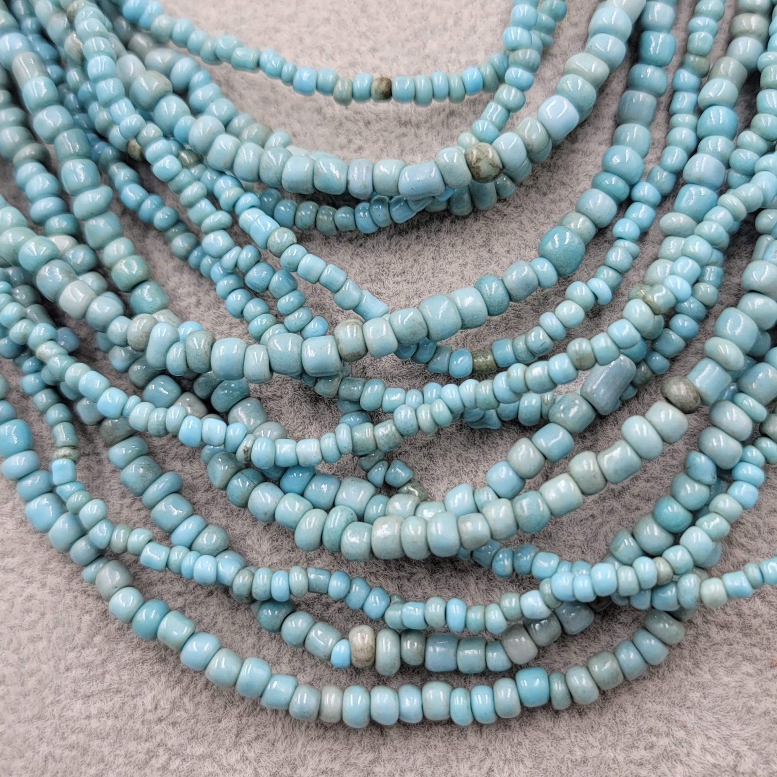 Artisan Necklace 14 Strand Blue Seed Bead Wood Clasp Statement 18"