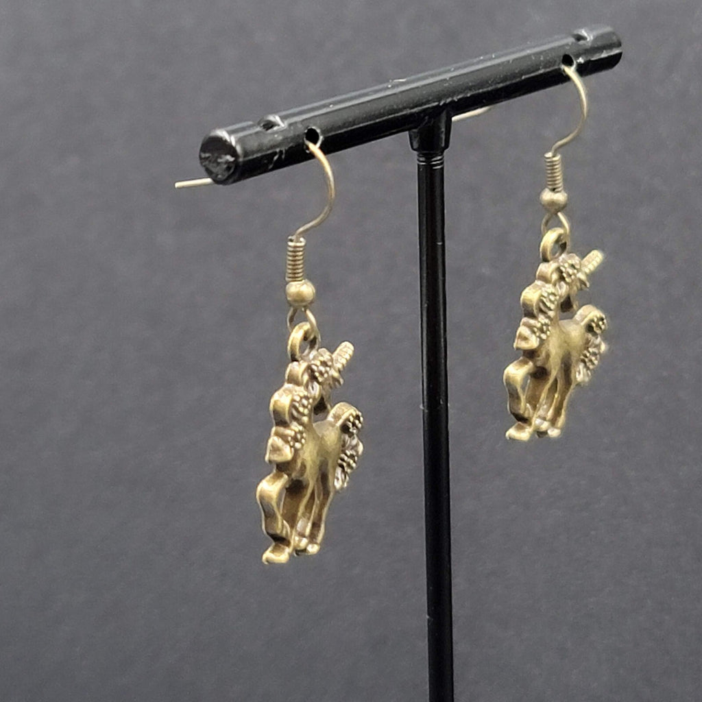 Unicorn Pierced Earrings Bronze tone Dangle 7/8" NEW