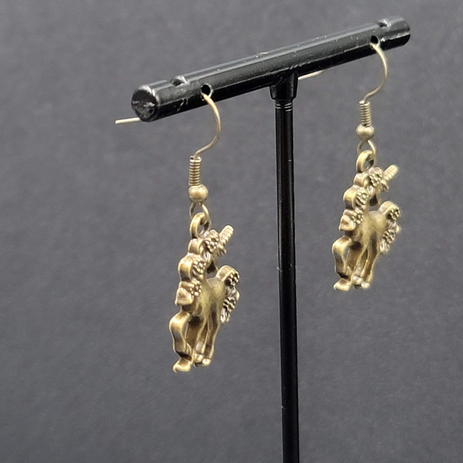 Unicorn Pierced Earrings Bronze tone Dangle 7/8" NEW
