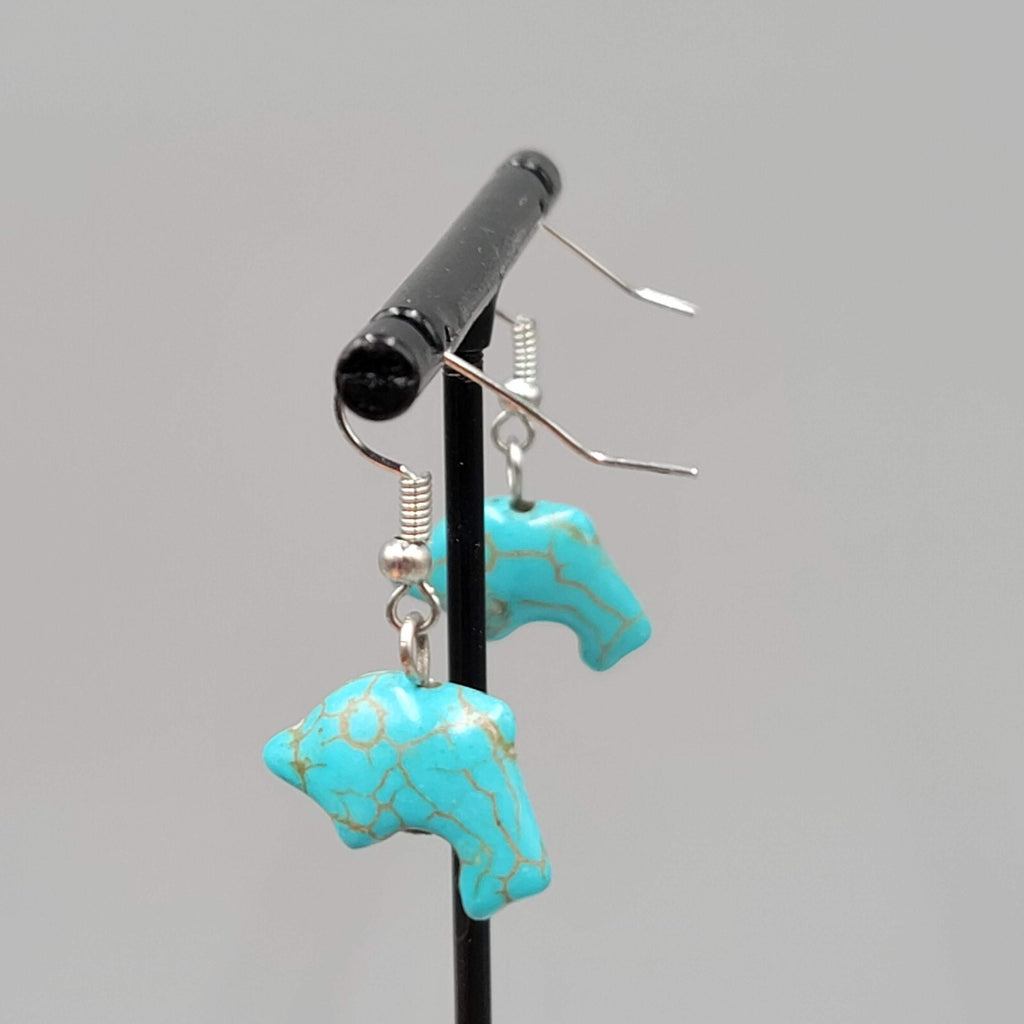 Dolphin Pierced Earrings Blue Howlite Stone Silver tone Dangle 3/4"