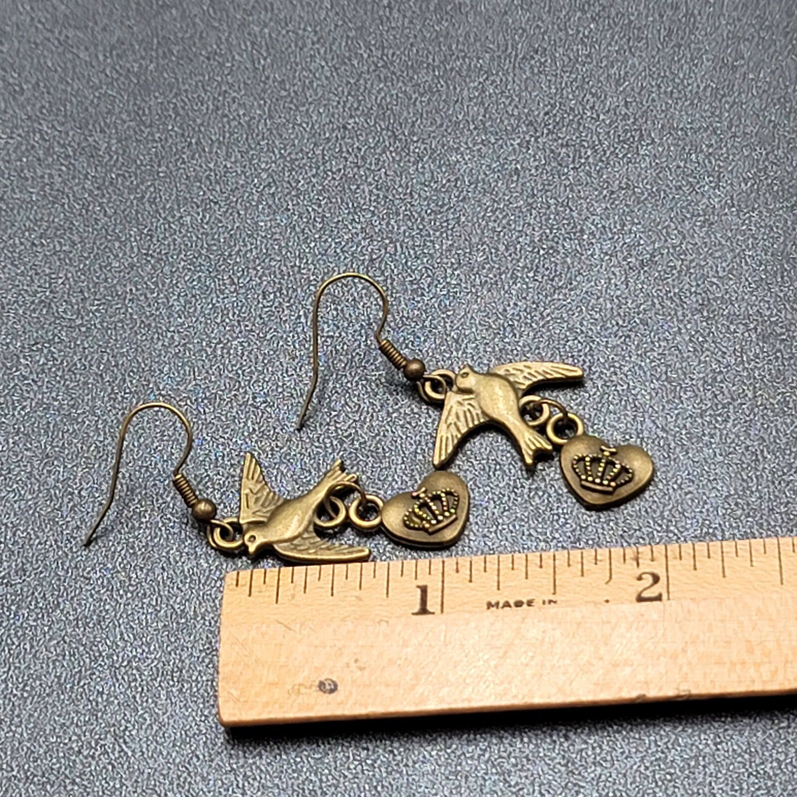 Birds Heart Pierced Earrings Bronze tone Dangle 1.25"