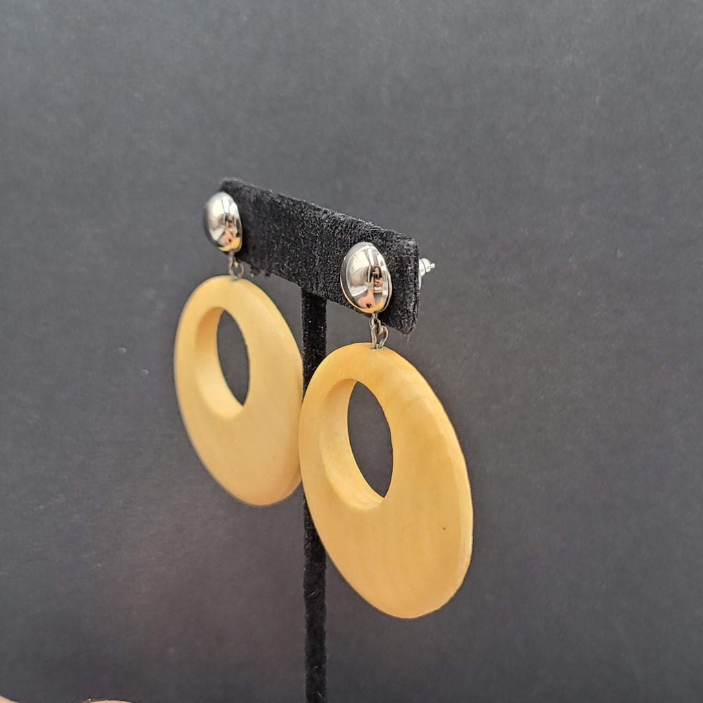 Pierced Earrings Silver tone Open Wood Hoops Dangle 1.75"
