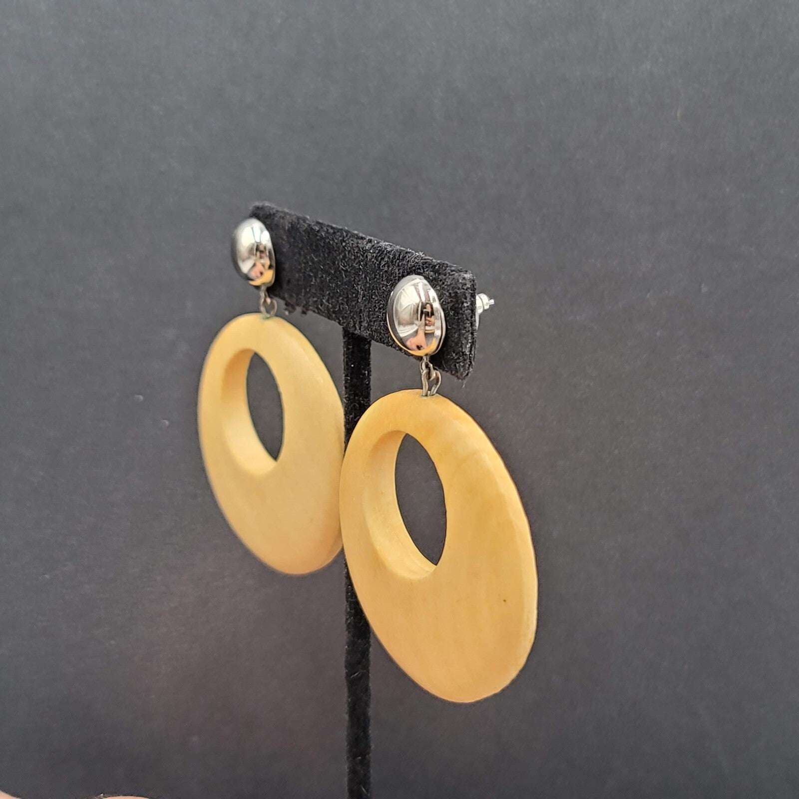 Pierced Earrings Silver tone Open Wood Hoops Dangle 1.75"