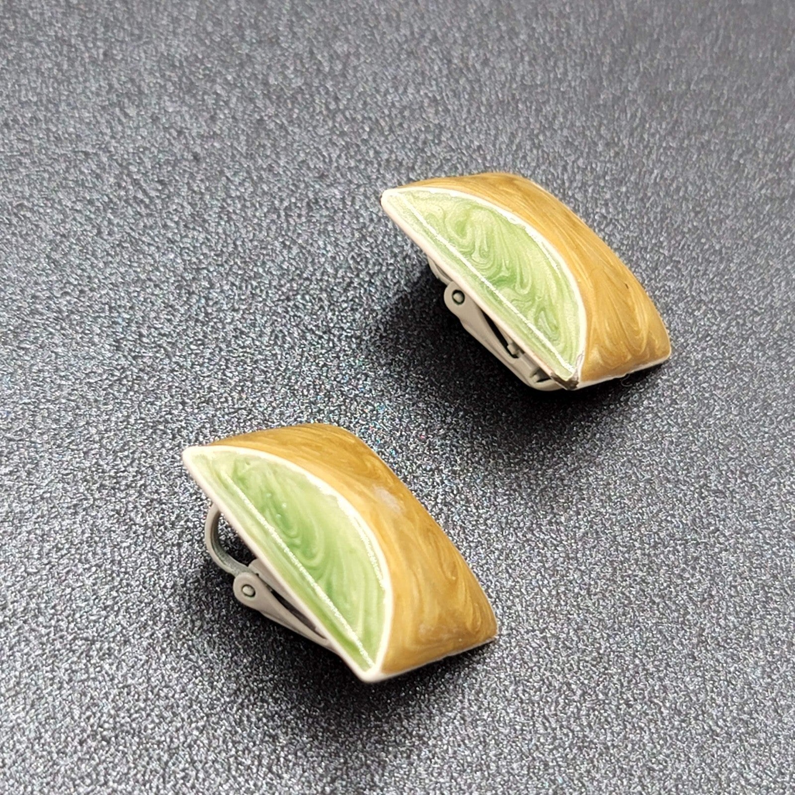 Vintage Clip on Earrings Green Yellow White Enamel Squares 7/8"