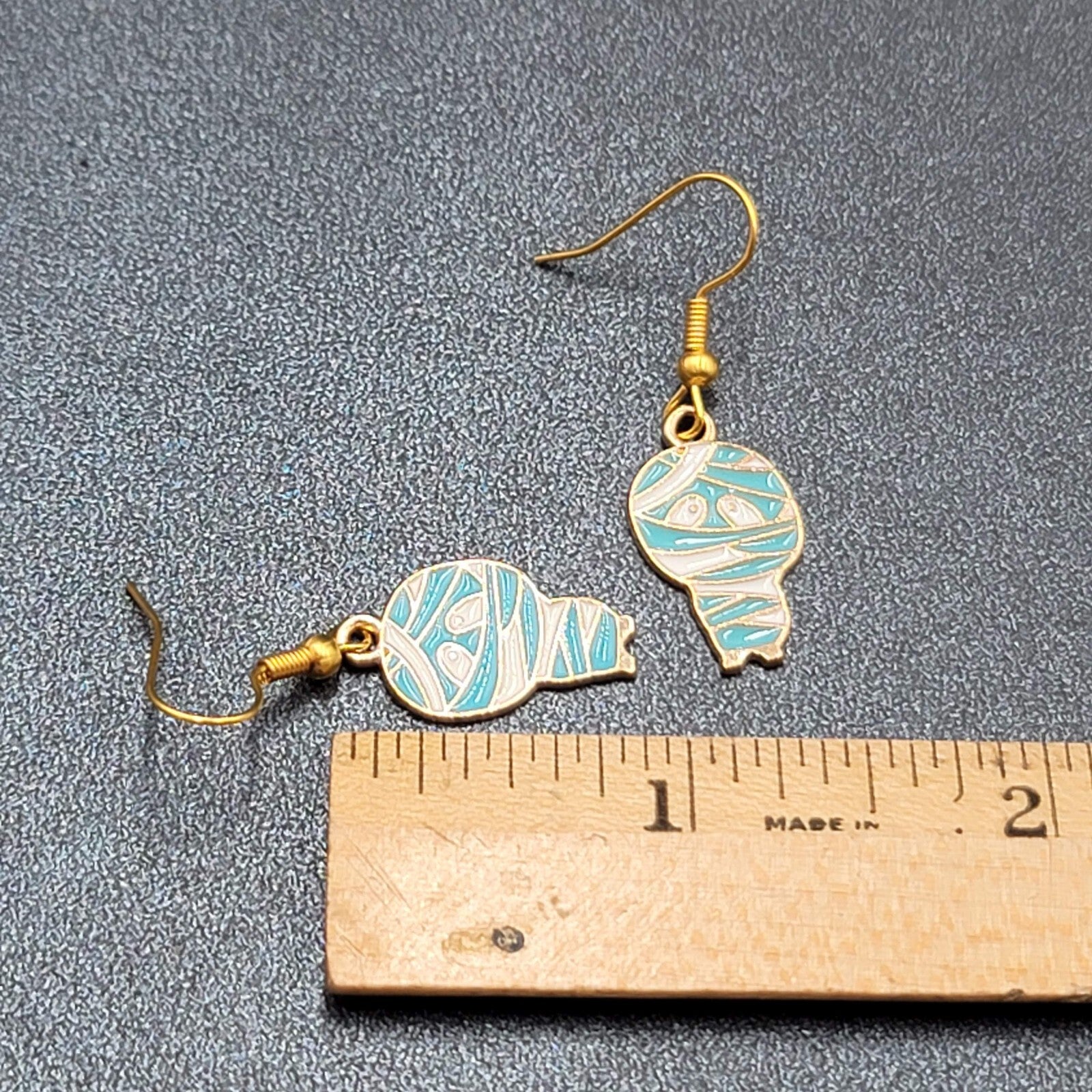 Halloween Mummy Pierced Earrings Gold tone Enamel Dangle 7/8"